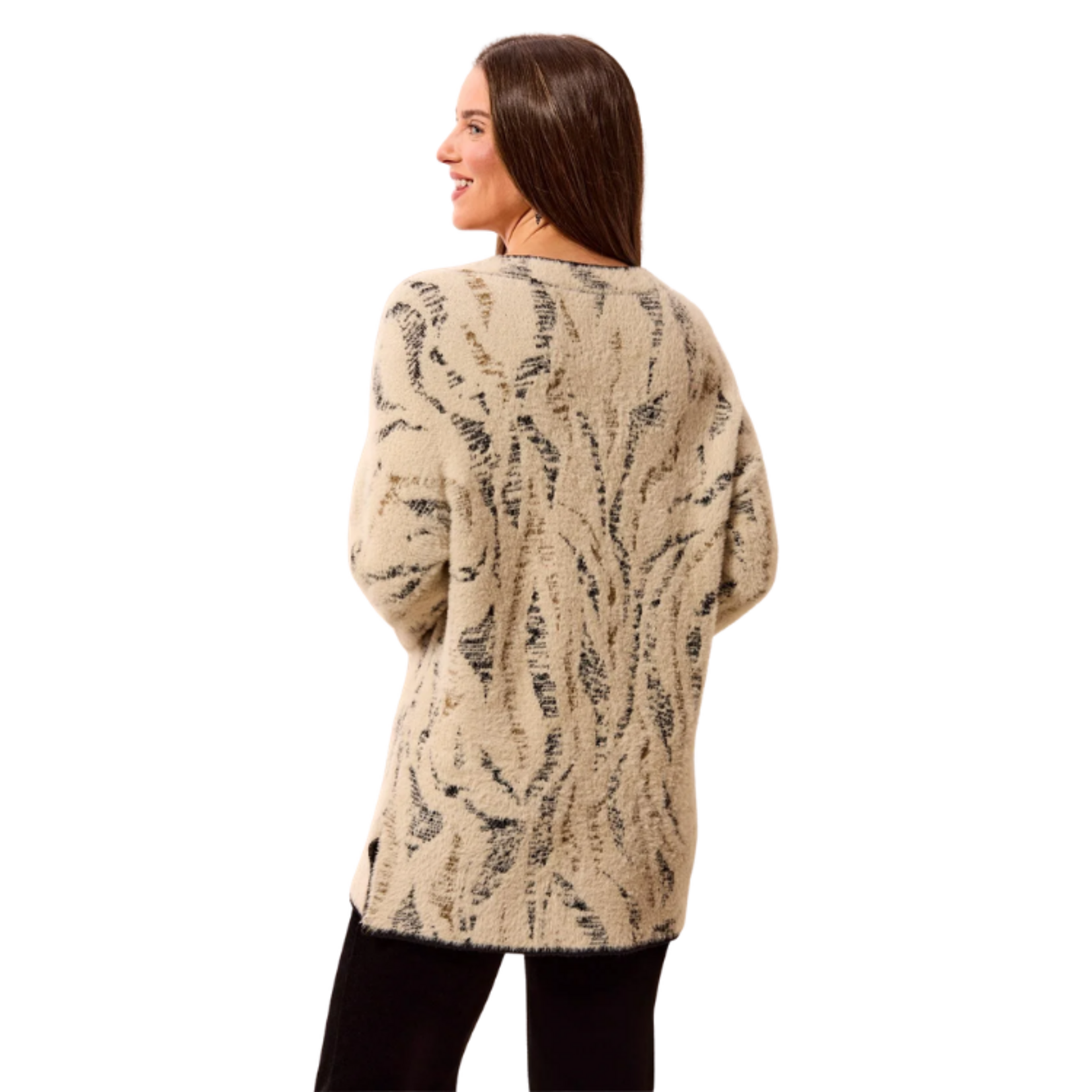 Tribal Tribal - Fuzzy Animal Print Long-Sleeve V-Neck Sweater