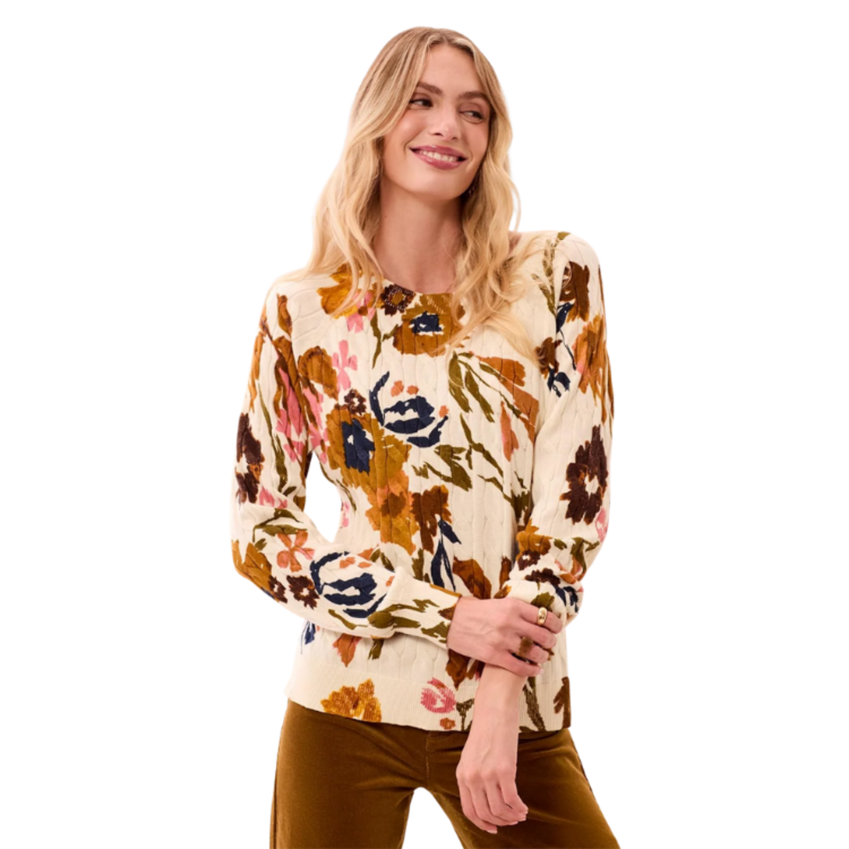 Tribal Tribal - Printed Cable Cotton Crew Neck Sweater