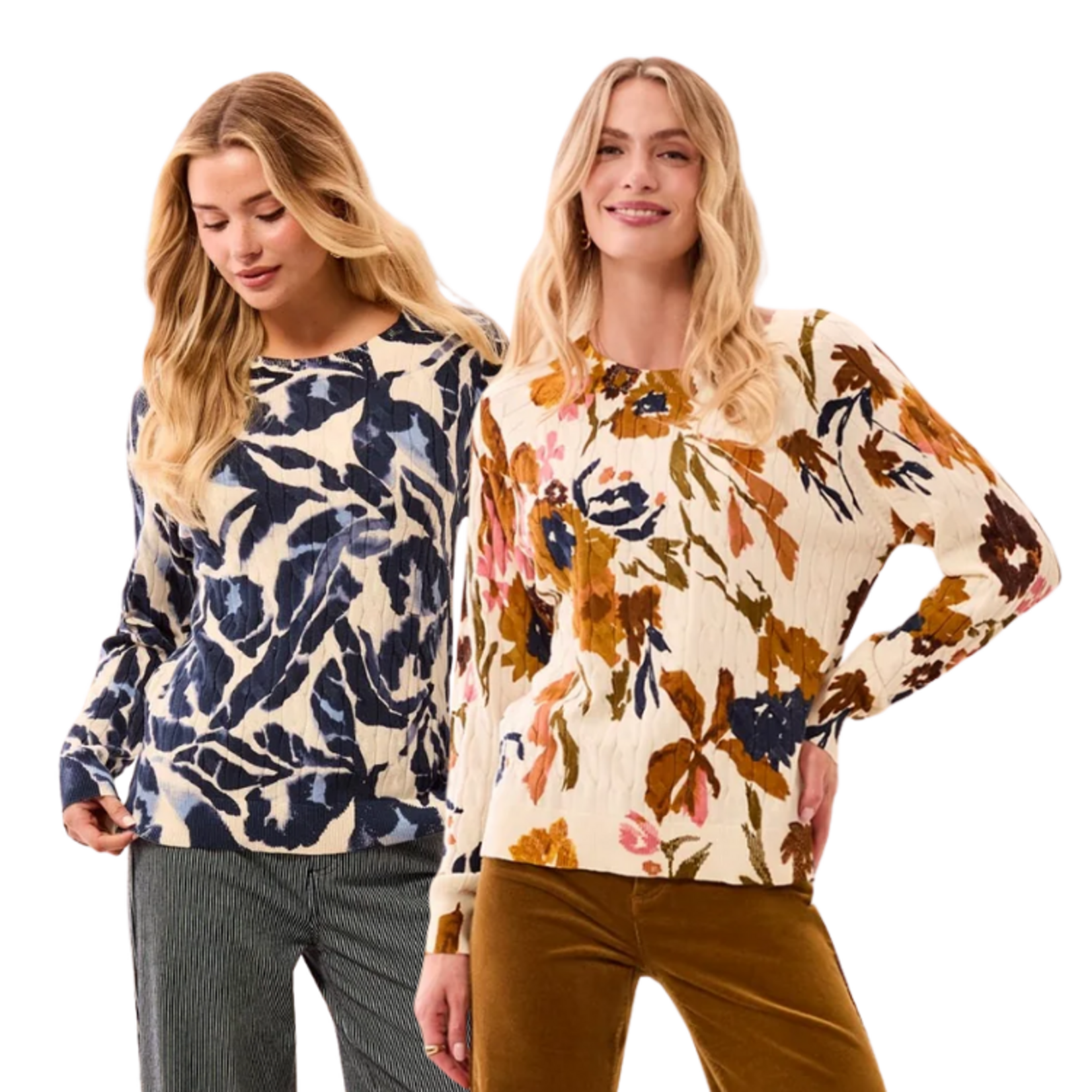 Tribal Tribal - Printed Cable Cotton Crew Neck Sweater