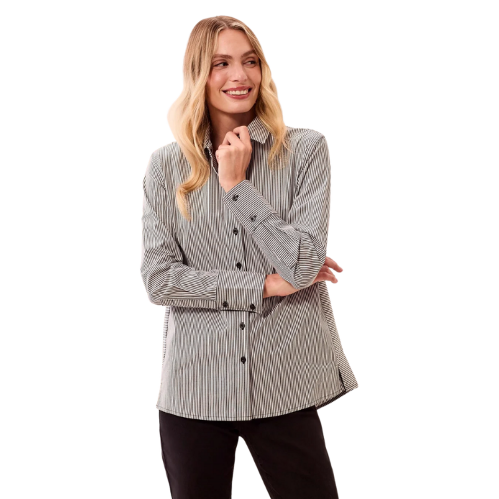 Tribal Tribal - Striped Stretch Poplin Long Sleeve Button Front Shirt