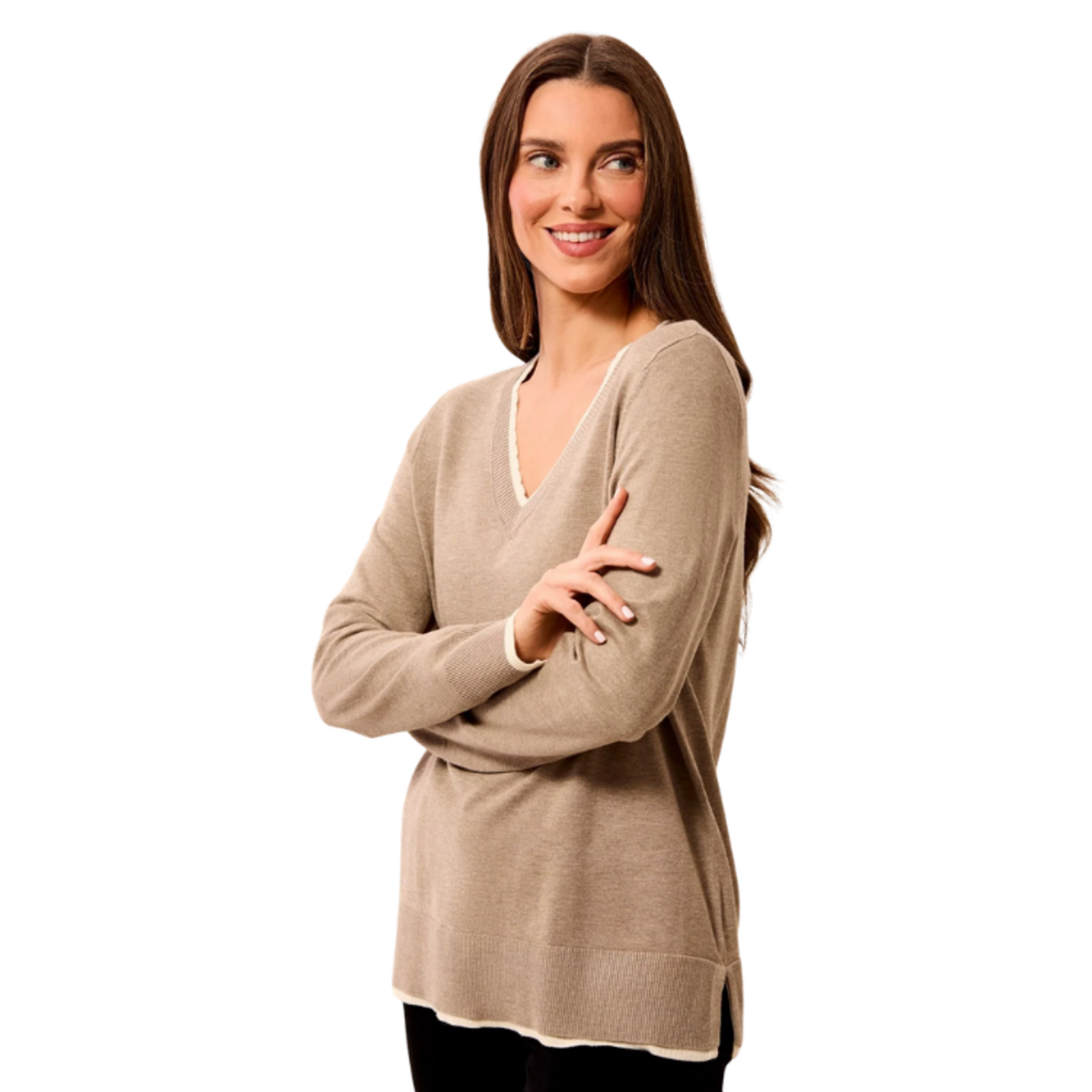 Tribal Tribal - Soft Viscose Long Sleeve Contrast Trim V-Neck Sweater