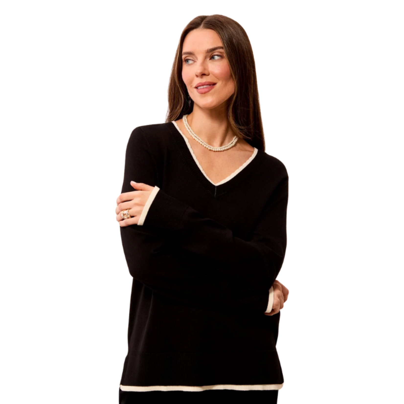 Tribal Tribal - Soft Viscose Long Sleeve Contrast Trim V-Neck Sweater