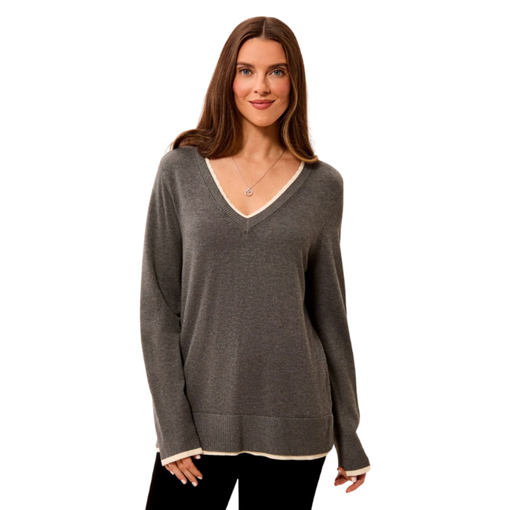 Tribal Tribal - Soft Viscose Long Sleeve Contrast Trim V-Neck Sweater