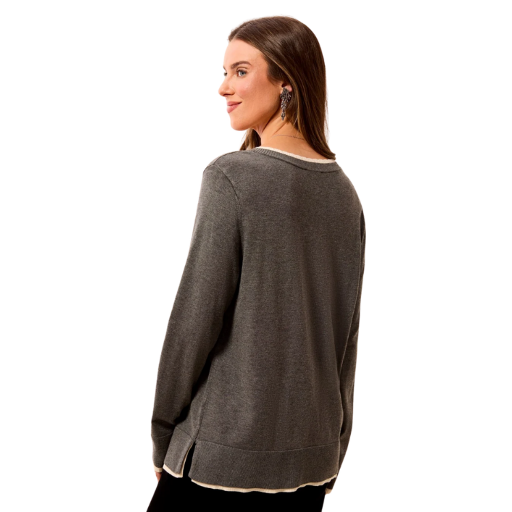 Tribal Tribal - Soft Viscose Long Sleeve Contrast Trim V-Neck Sweater