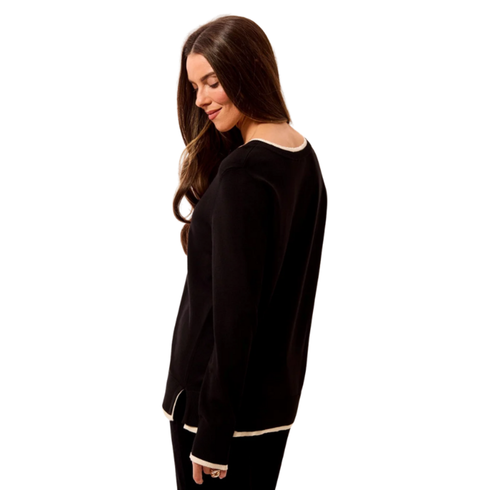 Tribal Tribal - Soft Viscose Long Sleeve Contrast Trim V-Neck Sweater