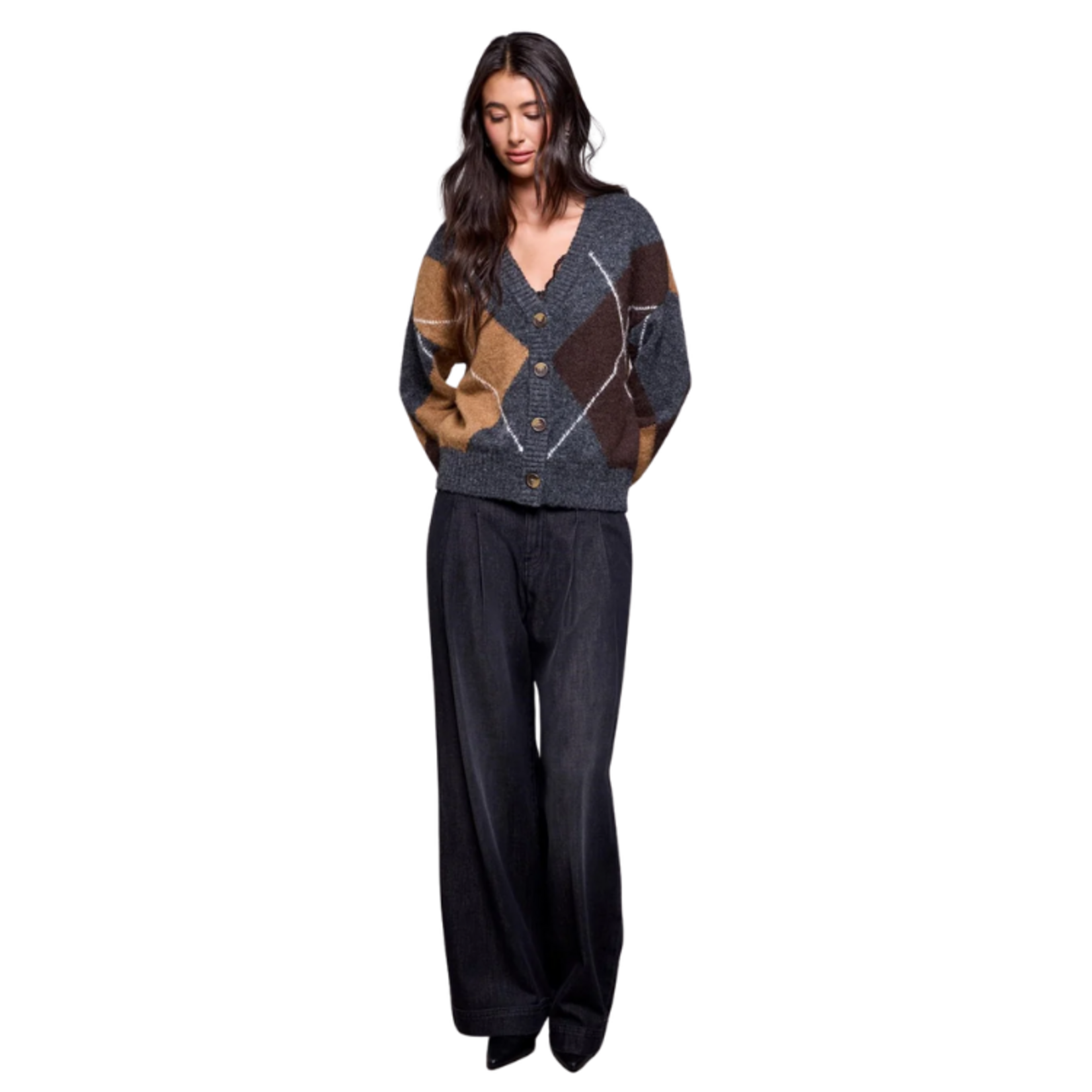 Tribal Tribal - Blue Thread Diamond Pattern Button Front Knit Cardigan