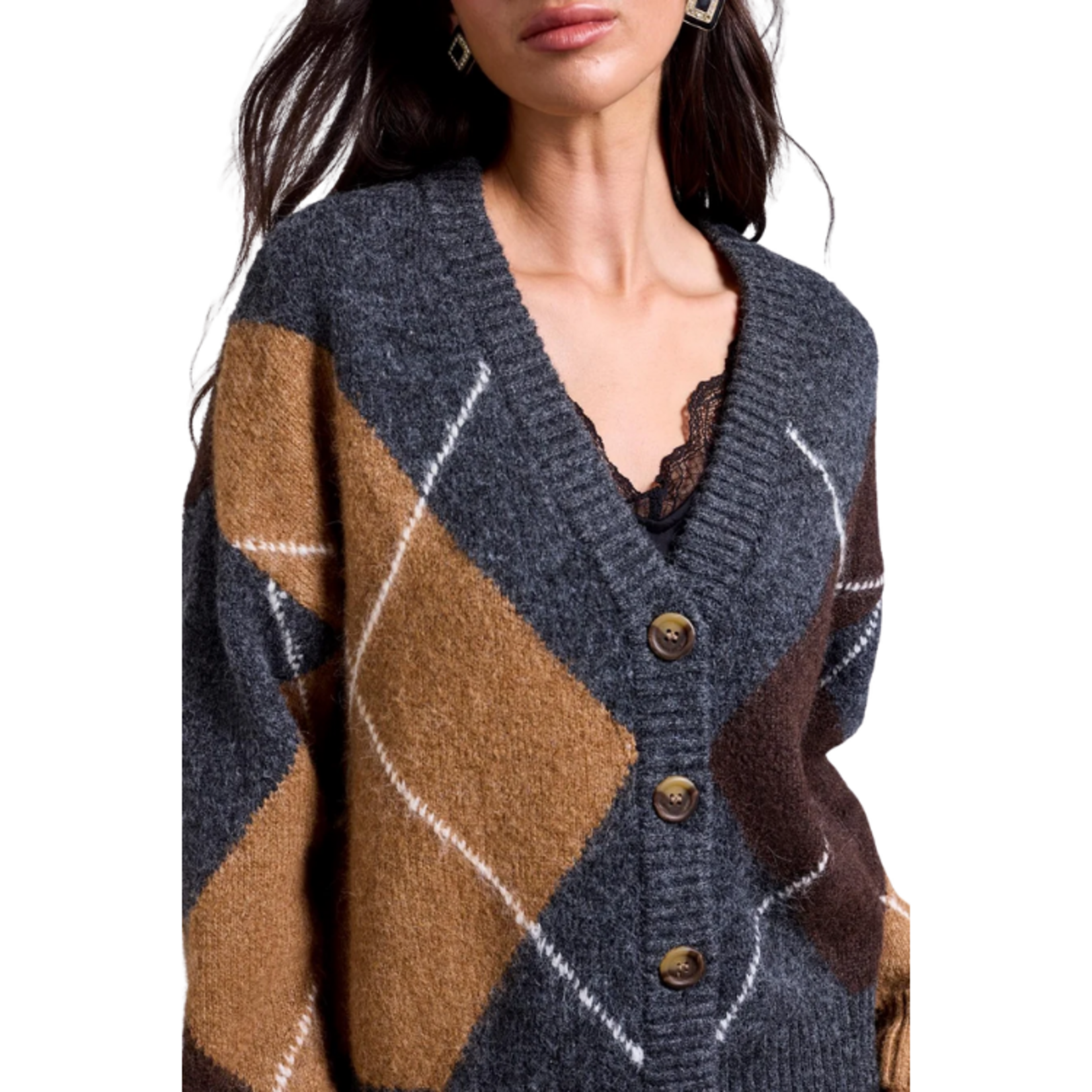 Tribal Tribal - Blue Thread Diamond Pattern Button Front Knit Cardigan