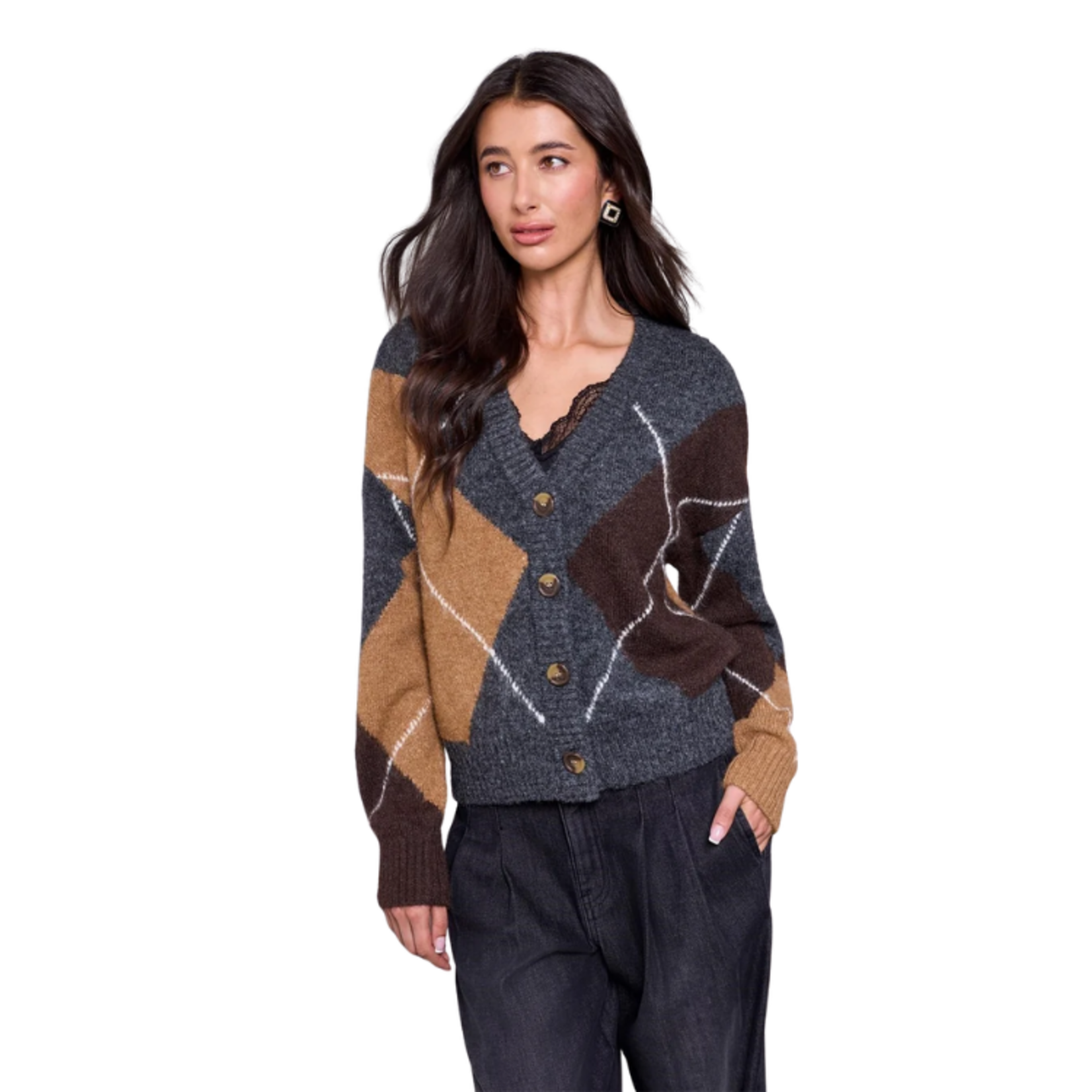 Tribal Tribal - Blue Thread Diamond Pattern Button Front Knit Cardigan