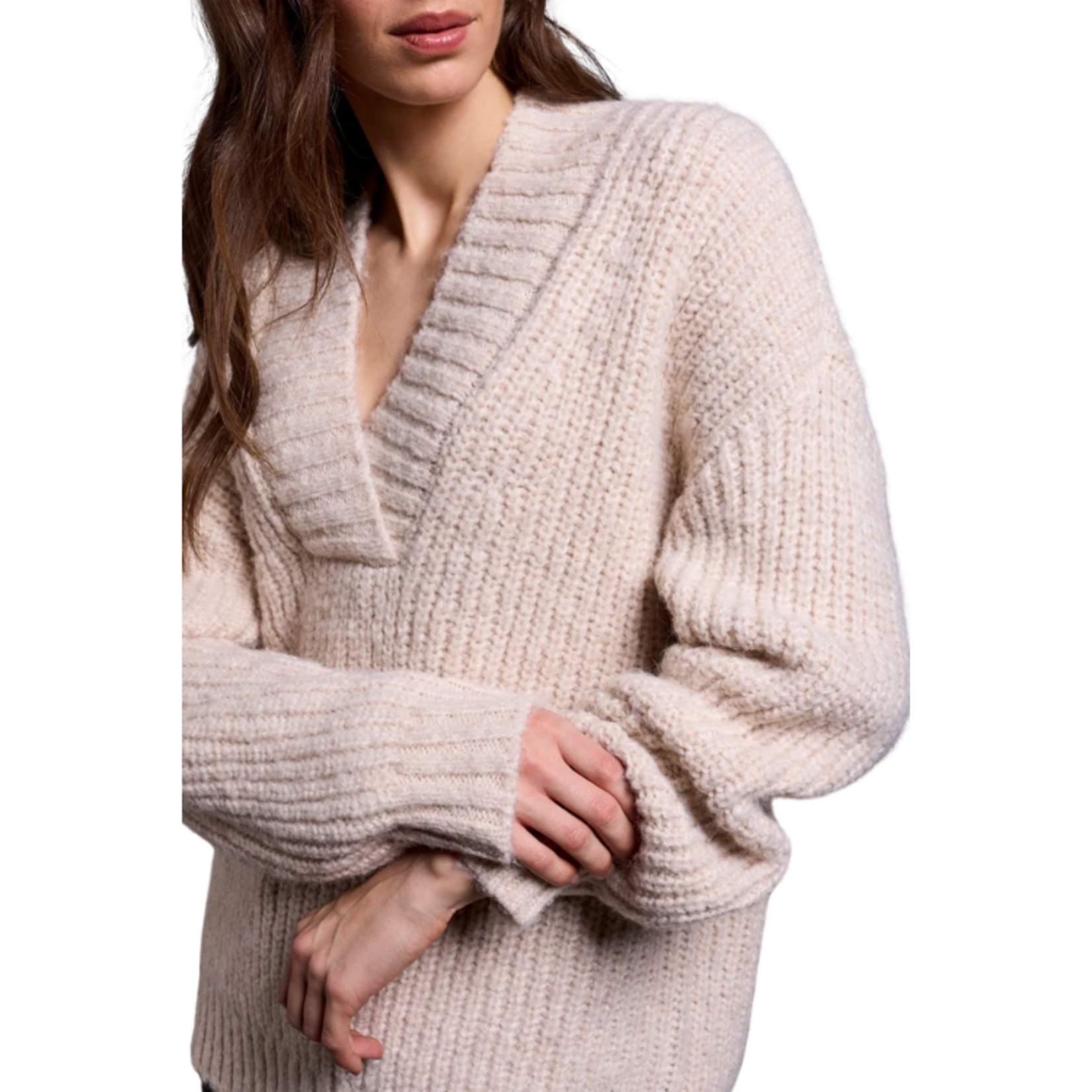 Tribal Tribal - Blue Thread Oversized Chunky Ribbed Deep V-Neck Knit Sweater