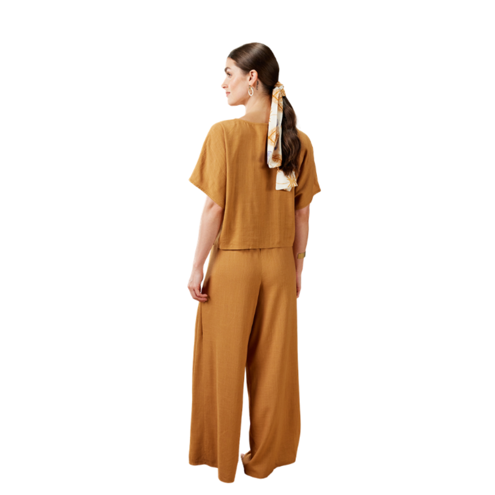 XIX Palms XIX Palms - Short Sleeve Ruched Drawstring Linen Blouse