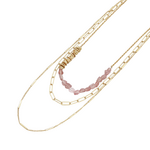Caracol Three Layers Necklace With Multiple Fine Chains Combined With Rectangular Links and Small Natural Stones Gold