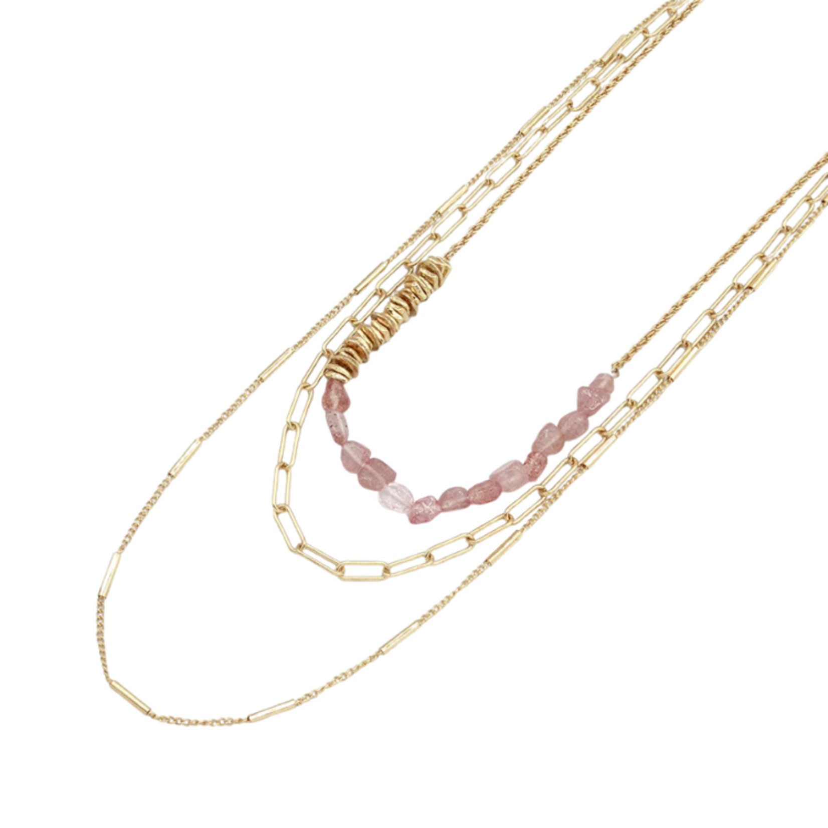 Caracol Caracol - Three Layers Necklace With Multiple Fine Chains Combined With Rectangular Links and Small Natural Stones Gold