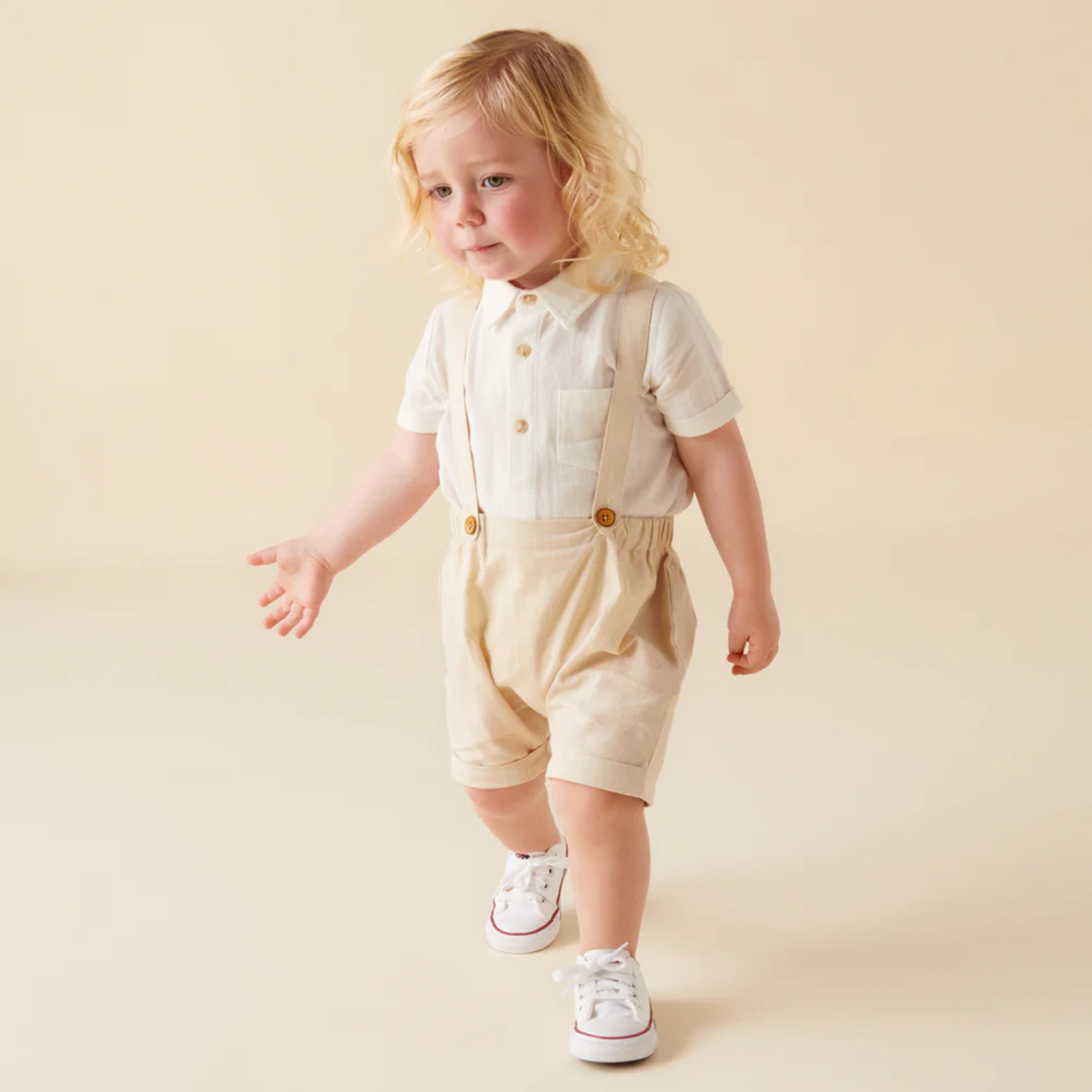 Designer Kidz Finley Linen Suspender Shorts - Sand