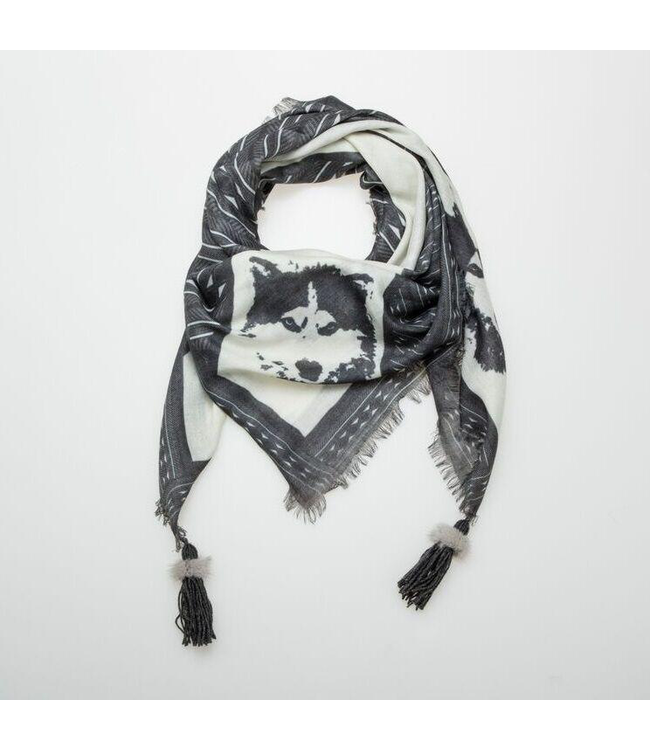 Harricana Square Wolf/Husky Scarf with Recycled Mink Pom Poms - ON SALE 30% OFF
