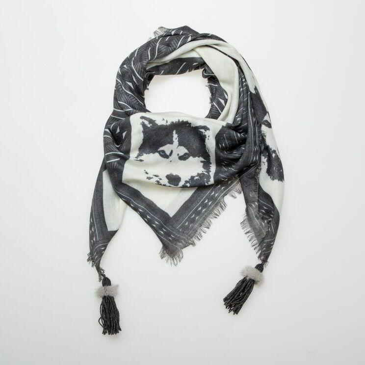 Canadian Hat Company Ltd. Harricana Square Wolf Husky Scarf with Recycled Mink Pom Poms Sportees Activewear