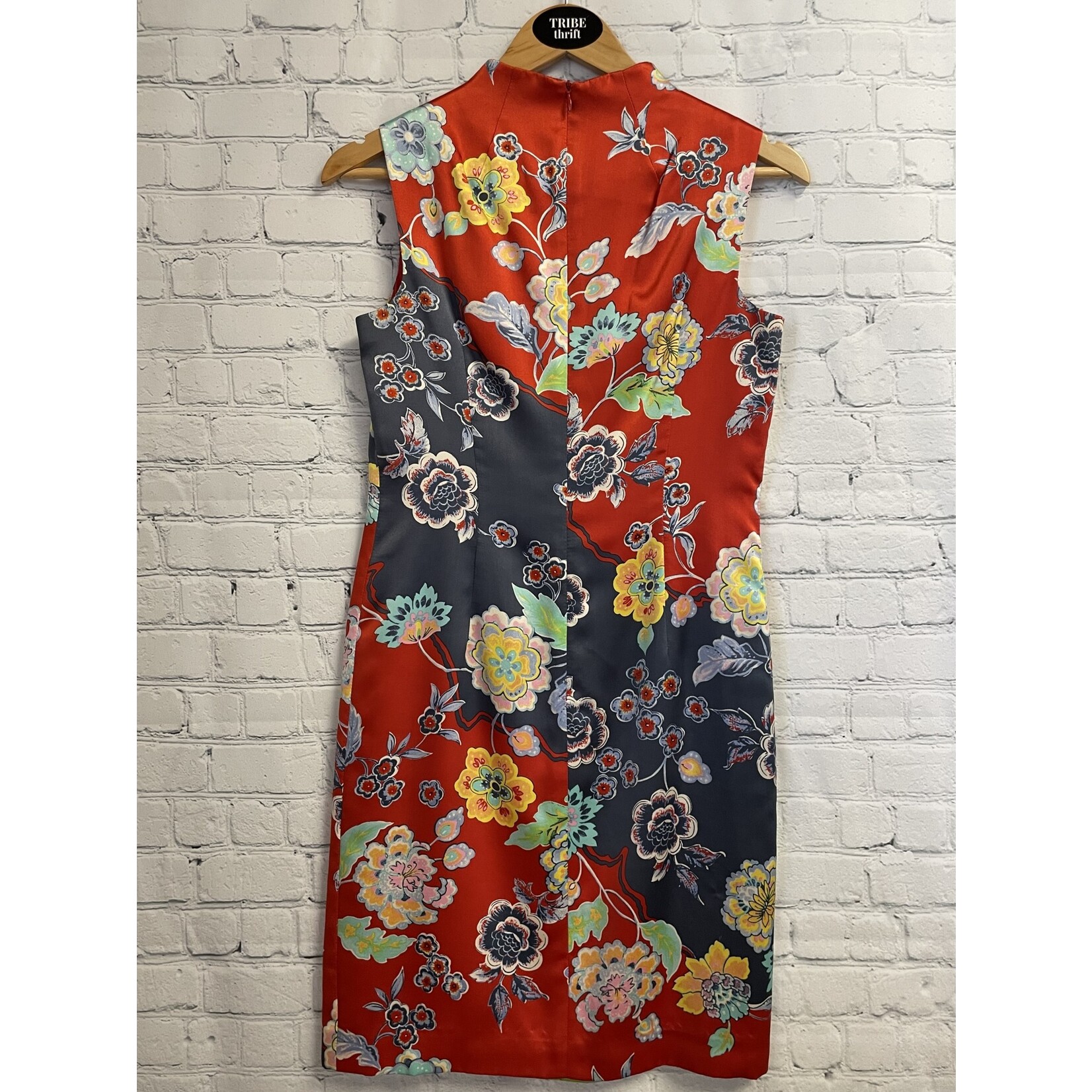 David Meister, Red, Gray, Floral, Dress, 4