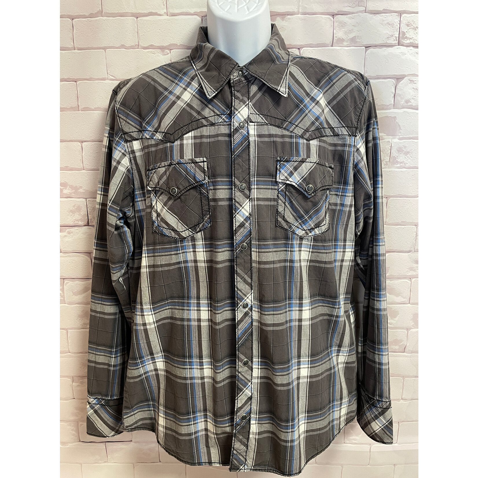 BKE, Gray, Blue, Plaid, Snap Button, Men's, XL