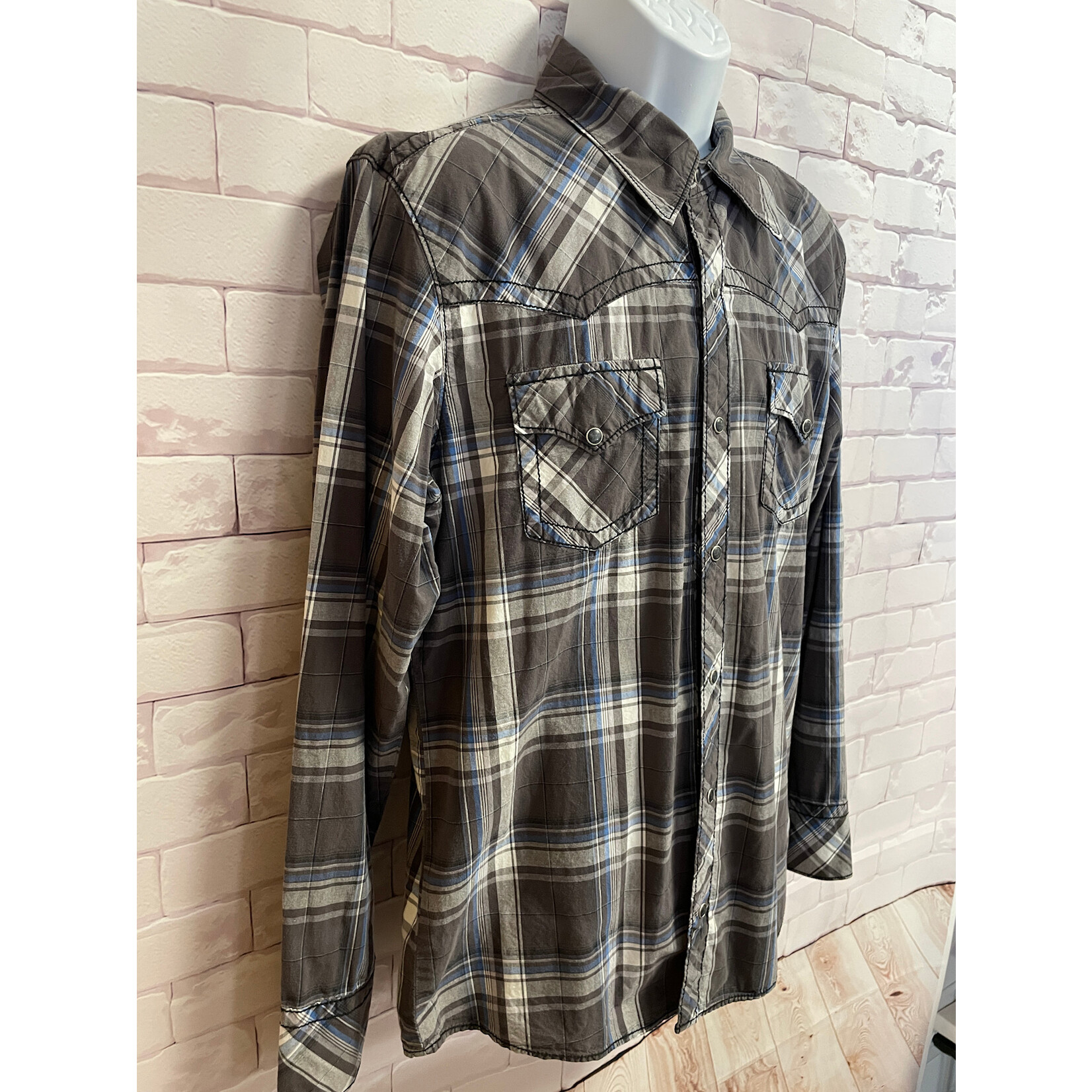 BKE, Gray, Blue, Plaid, Snap Button, Men's, XL