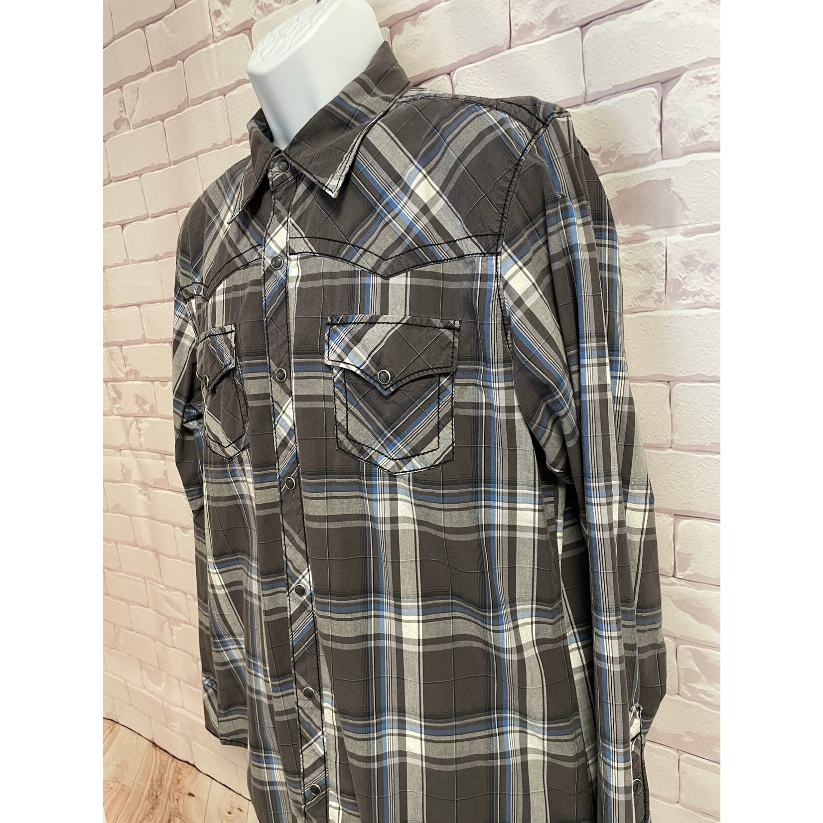 BKE, Gray, Blue, Plaid, Snap Button, Men's, XL