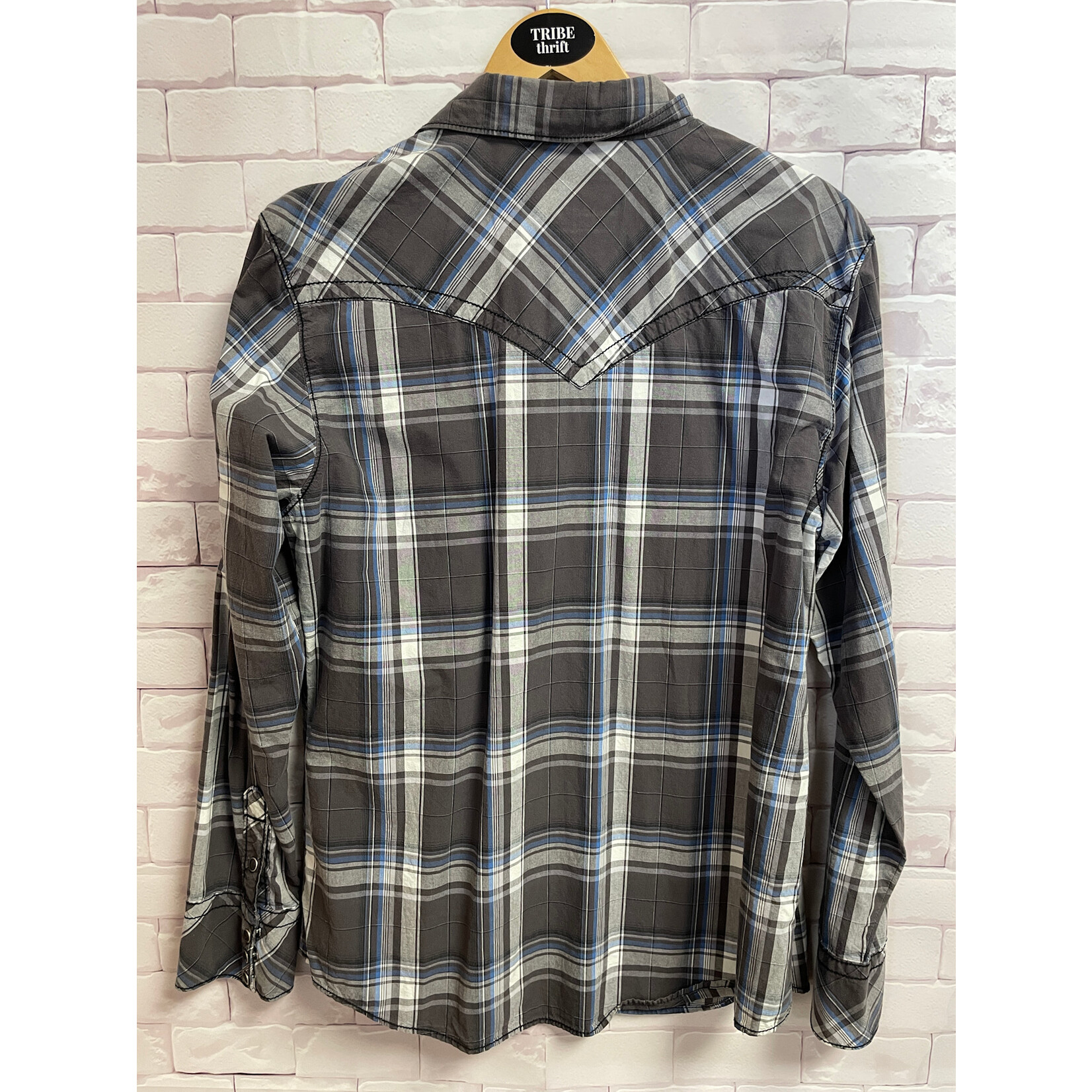 BKE, Gray, Blue, Plaid, Snap Button, Men's, XL