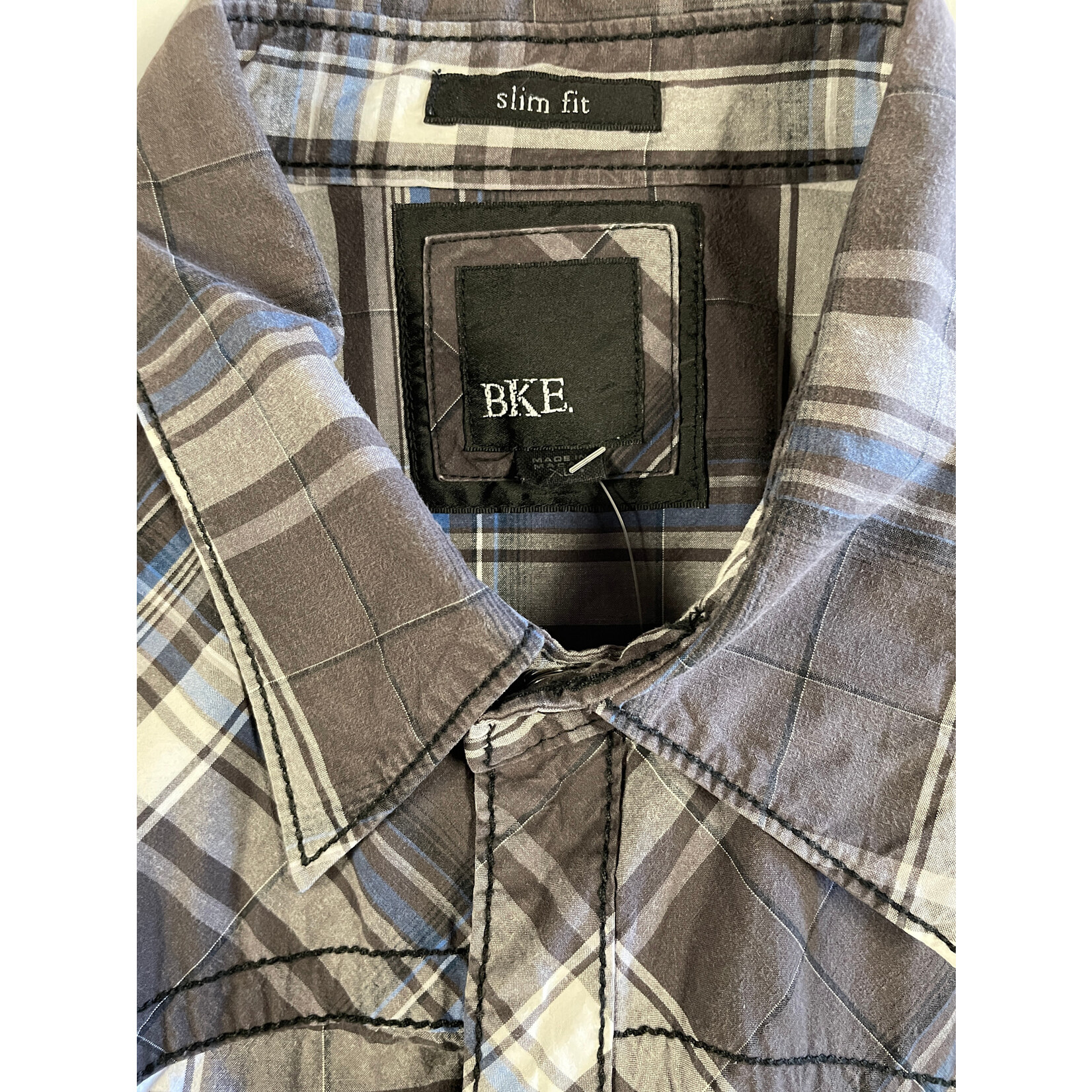 BKE, Gray, Blue, Plaid, Snap Button, Men's, XL