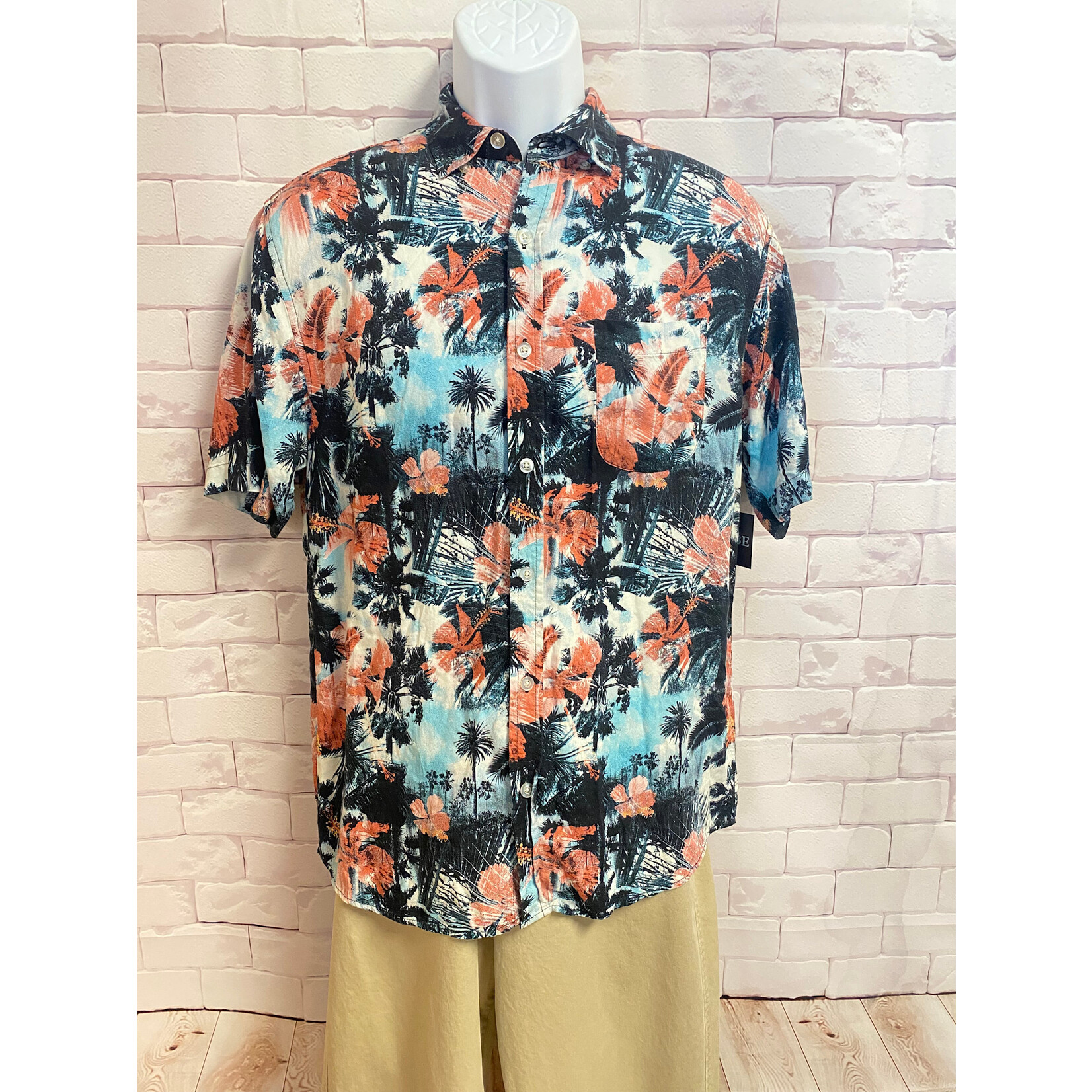 Super Massive, Salmon, Turquoise, Tropical, Short Sleeve, Button Up, Mens, Small