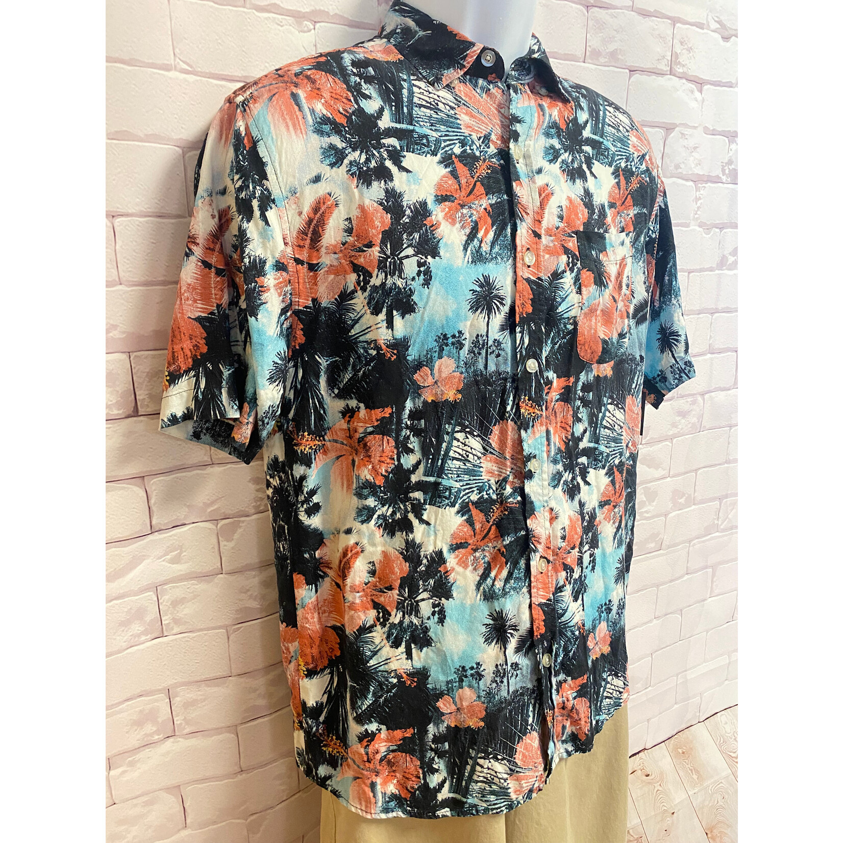 Super Massive, Salmon, Turquoise, Tropical, Short Sleeve, Button Up, Mens, Small
