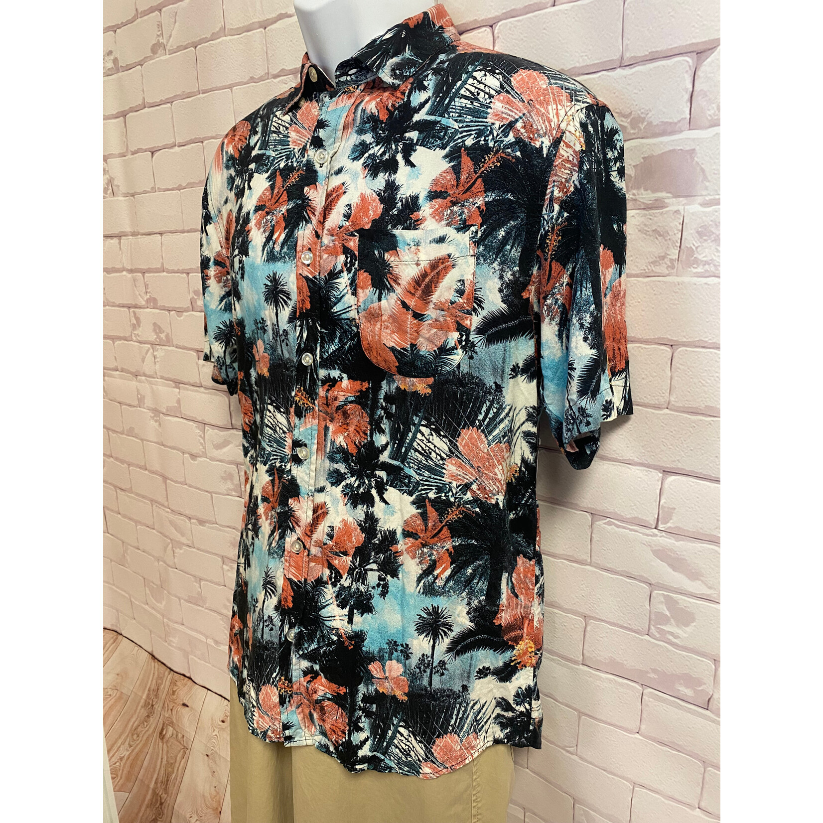 Super Massive, Salmon, Turquoise, Tropical, Short Sleeve, Button Up, Mens, Small