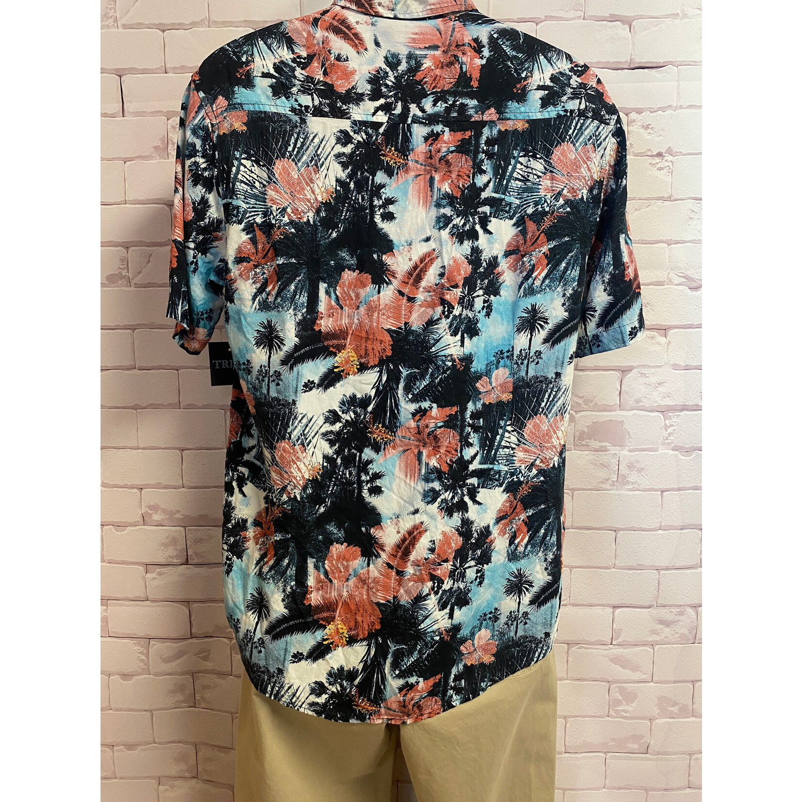 Super Massive, Salmon, Turquoise, Tropical, Short Sleeve, Button Up, Mens, Small