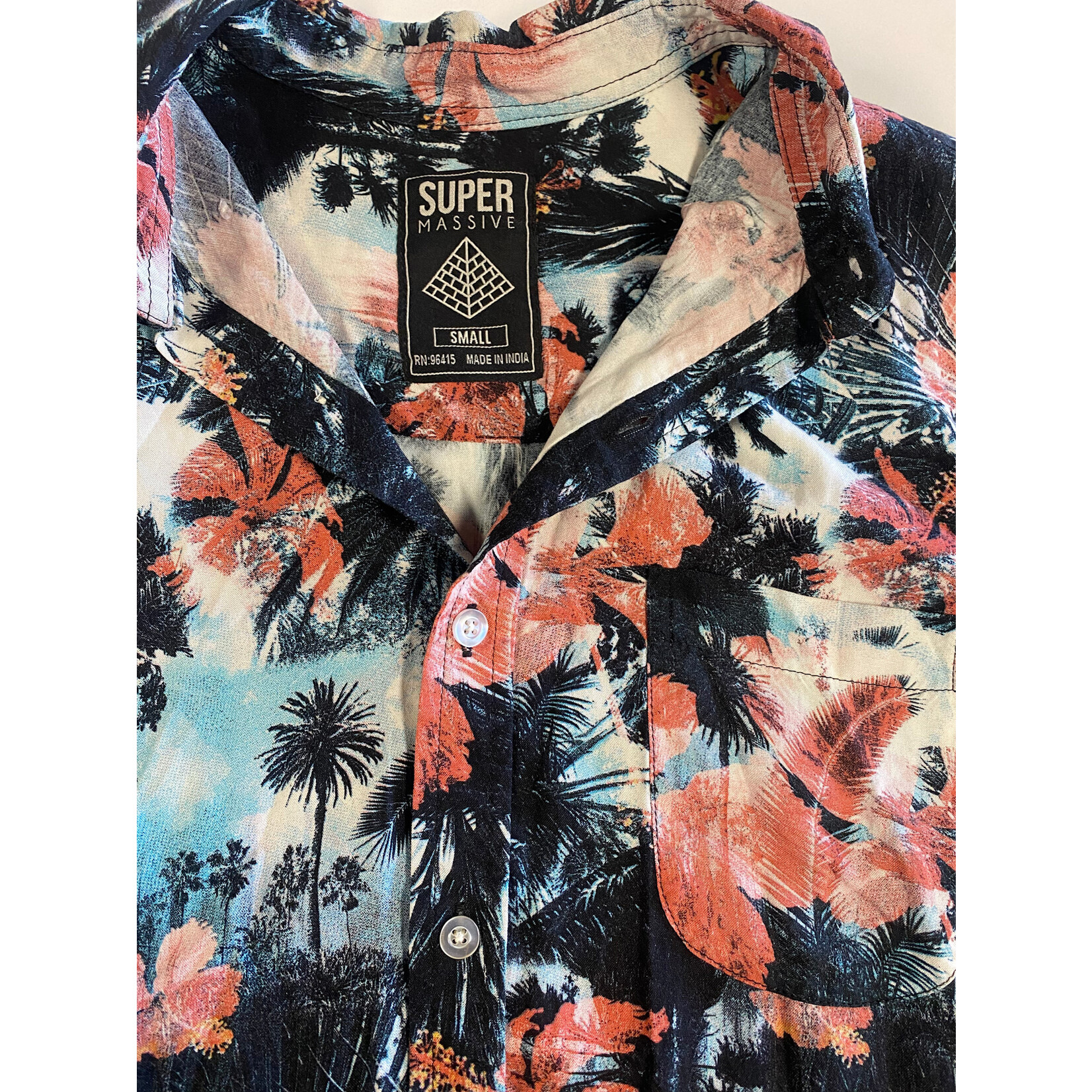 Super Massive, Salmon, Turquoise, Tropical, Short Sleeve, Button Up, Mens, Small