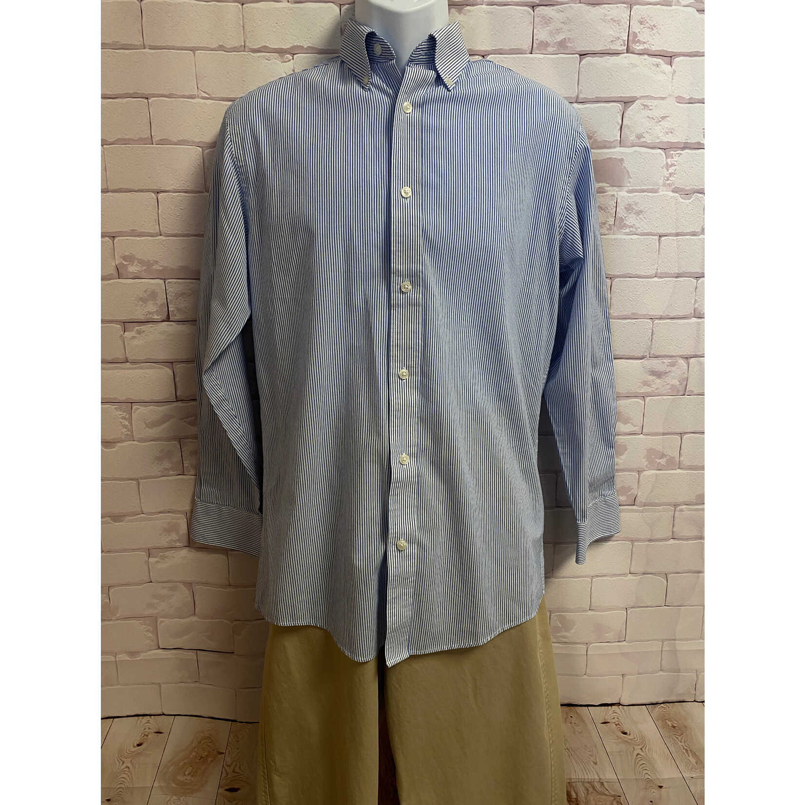 Haggar, Blue, White, Striped, Long Sleeve, Button Up, Men's, Medium