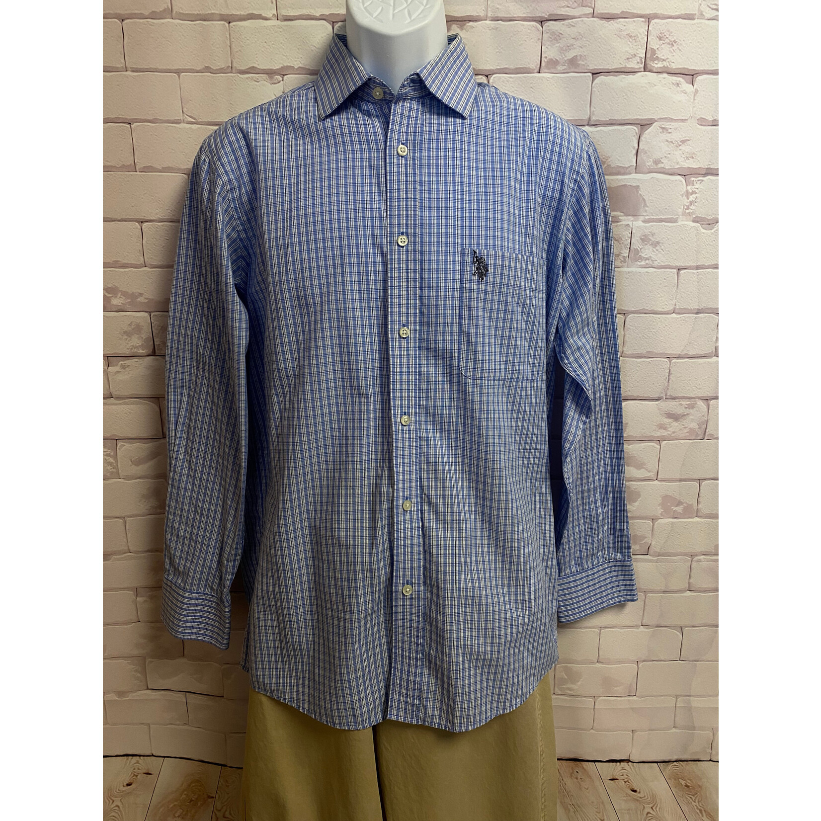 Polo, Blue, White, Long Sleeve, Button Up, Medium