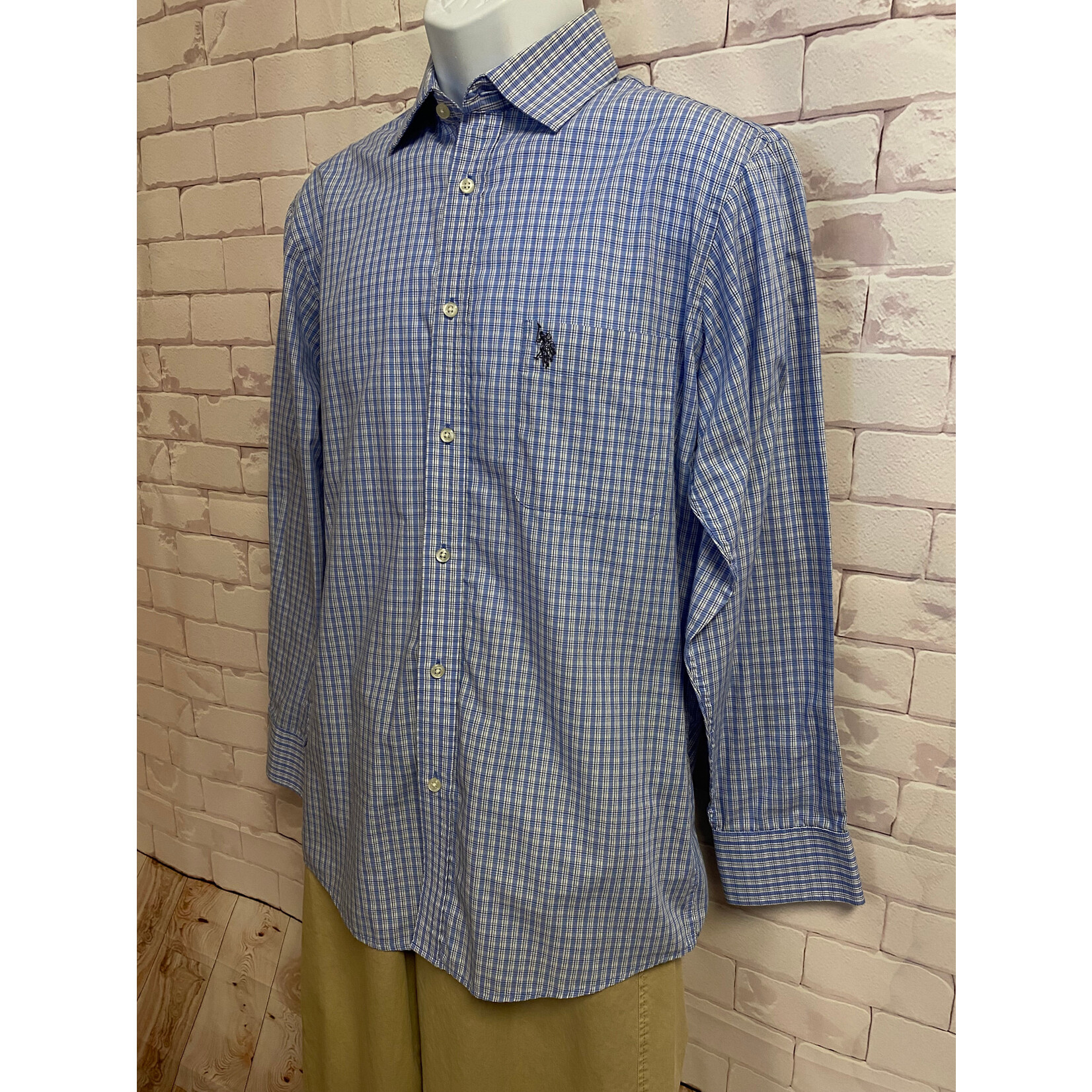 Polo, Blue, White, Long Sleeve, Button Up, Medium