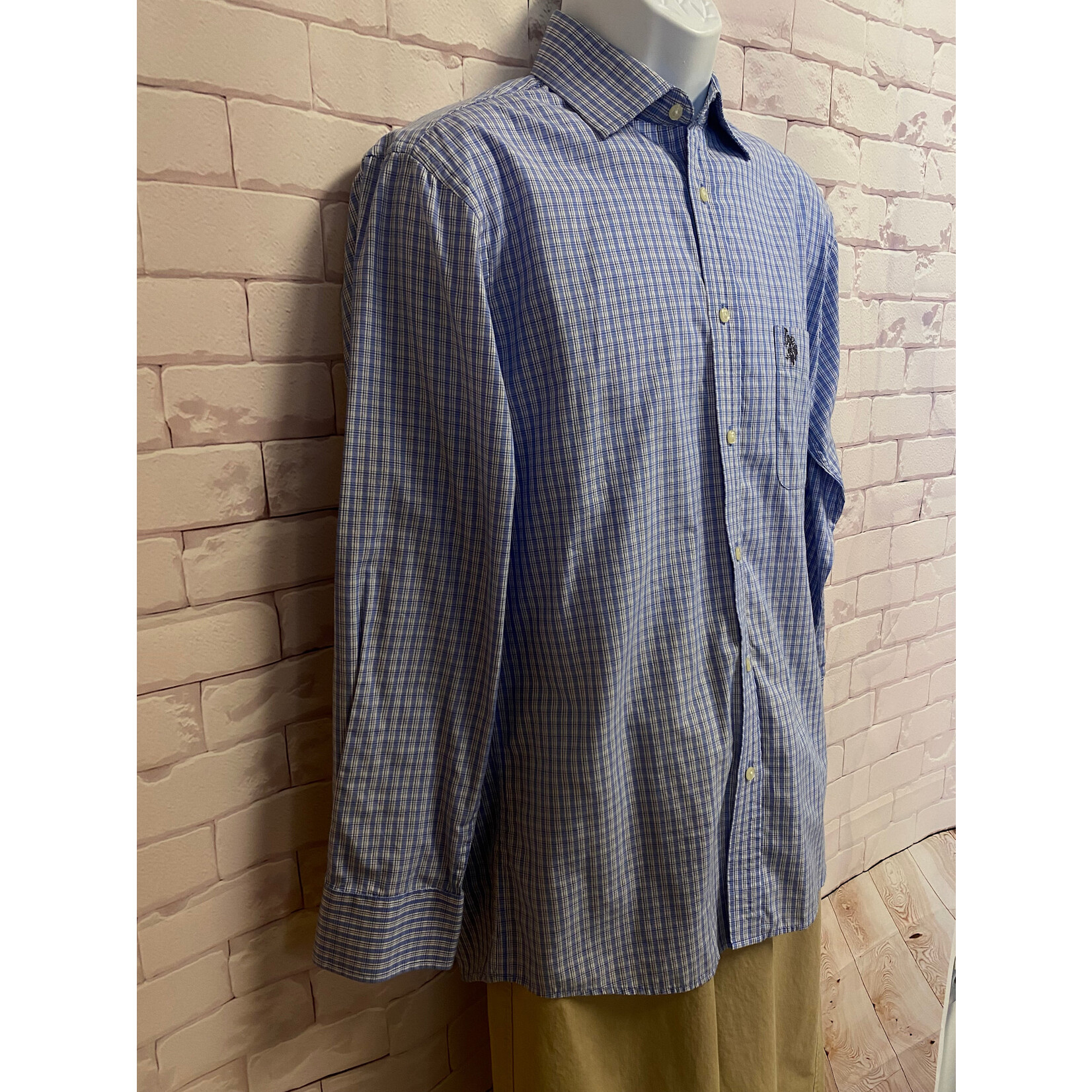 Polo, Blue, White, Long Sleeve, Button Up, Medium