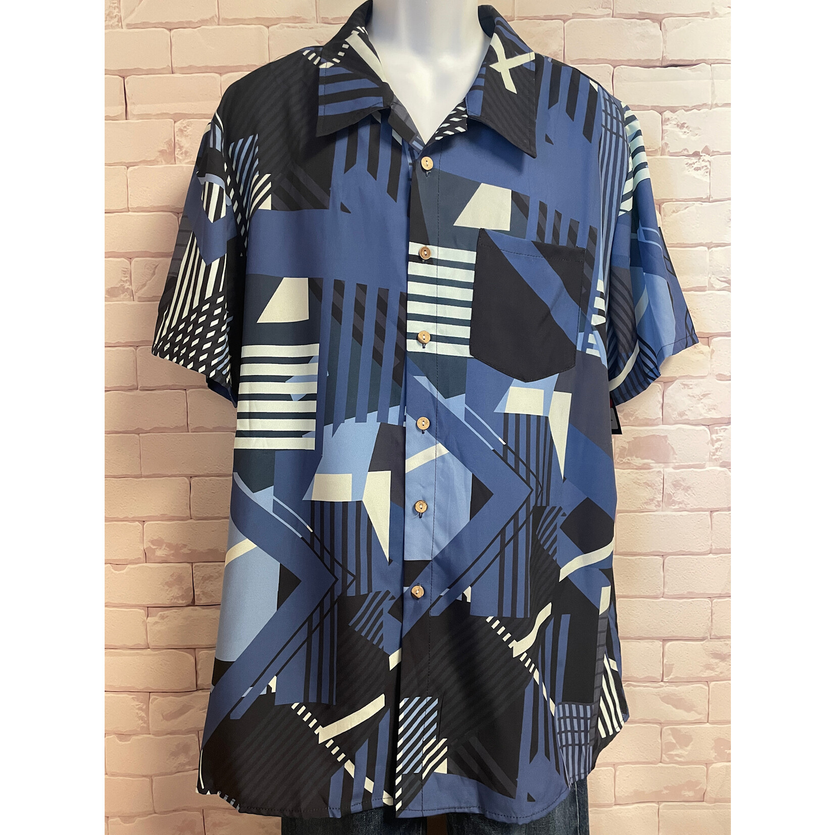 Unlabeled, Blue, Printed, Short Sleeve, Button-Up, XL