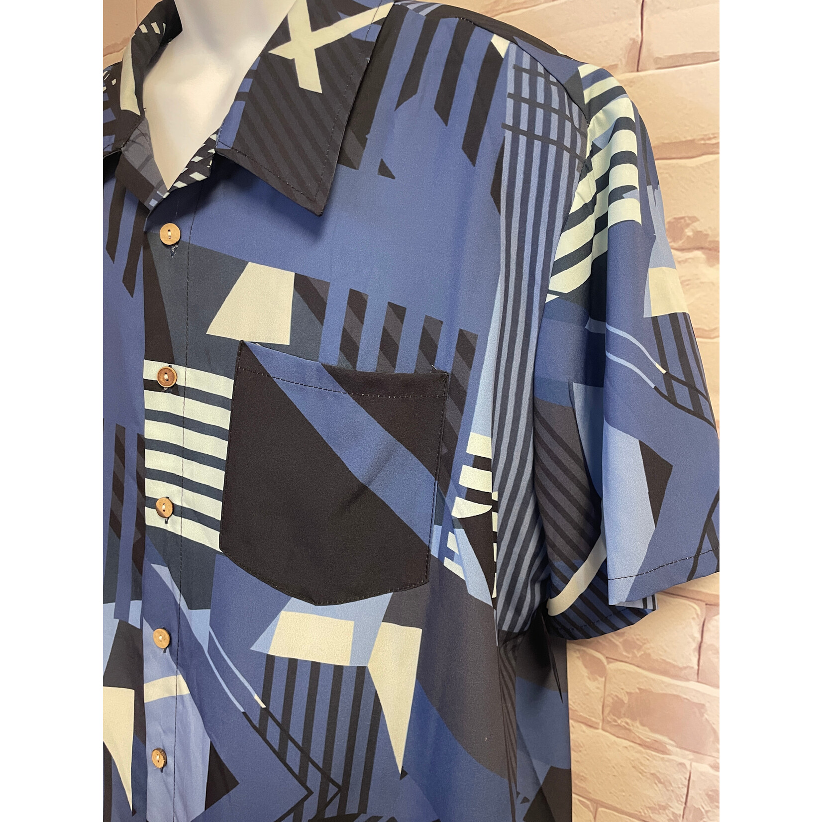 Unlabeled, Blue, Printed, Short Sleeve, Button-Up, XL