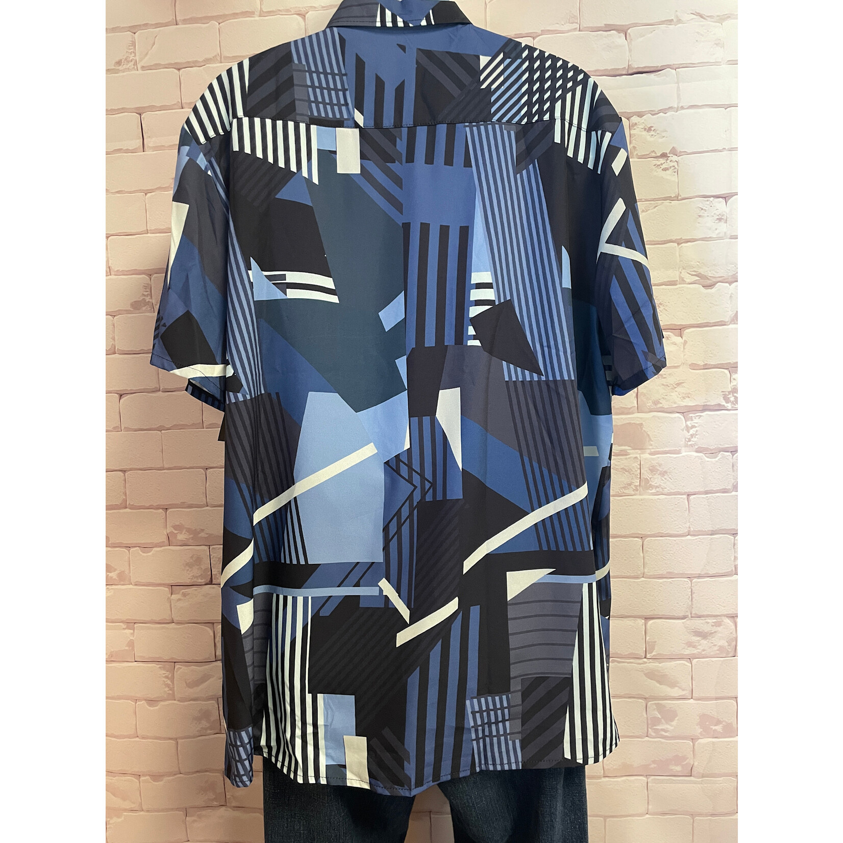 Unlabeled, Blue, Printed, Short Sleeve, Button-Up, XL