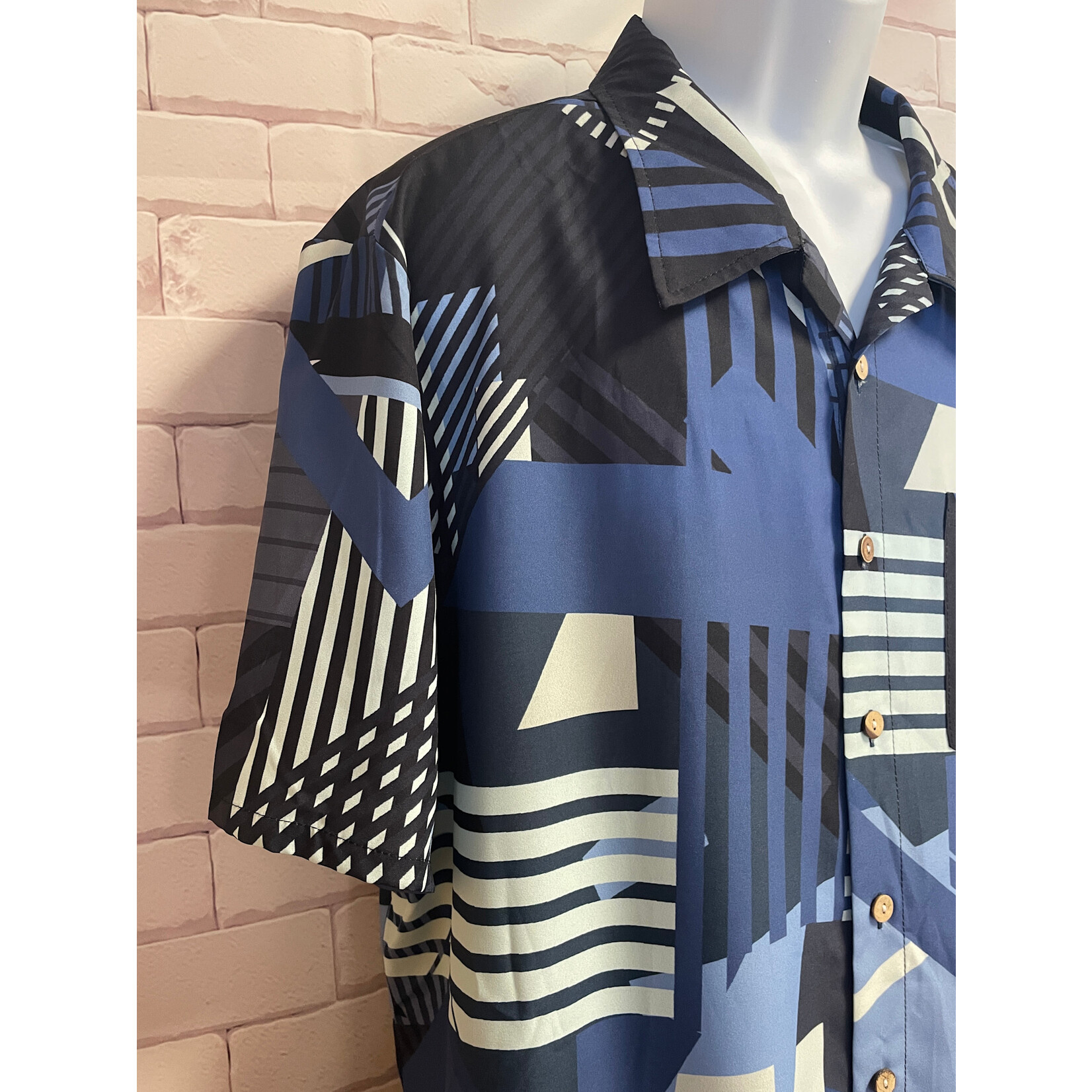 Unlabeled, Blue, Printed, Short Sleeve, Button-Up, XL