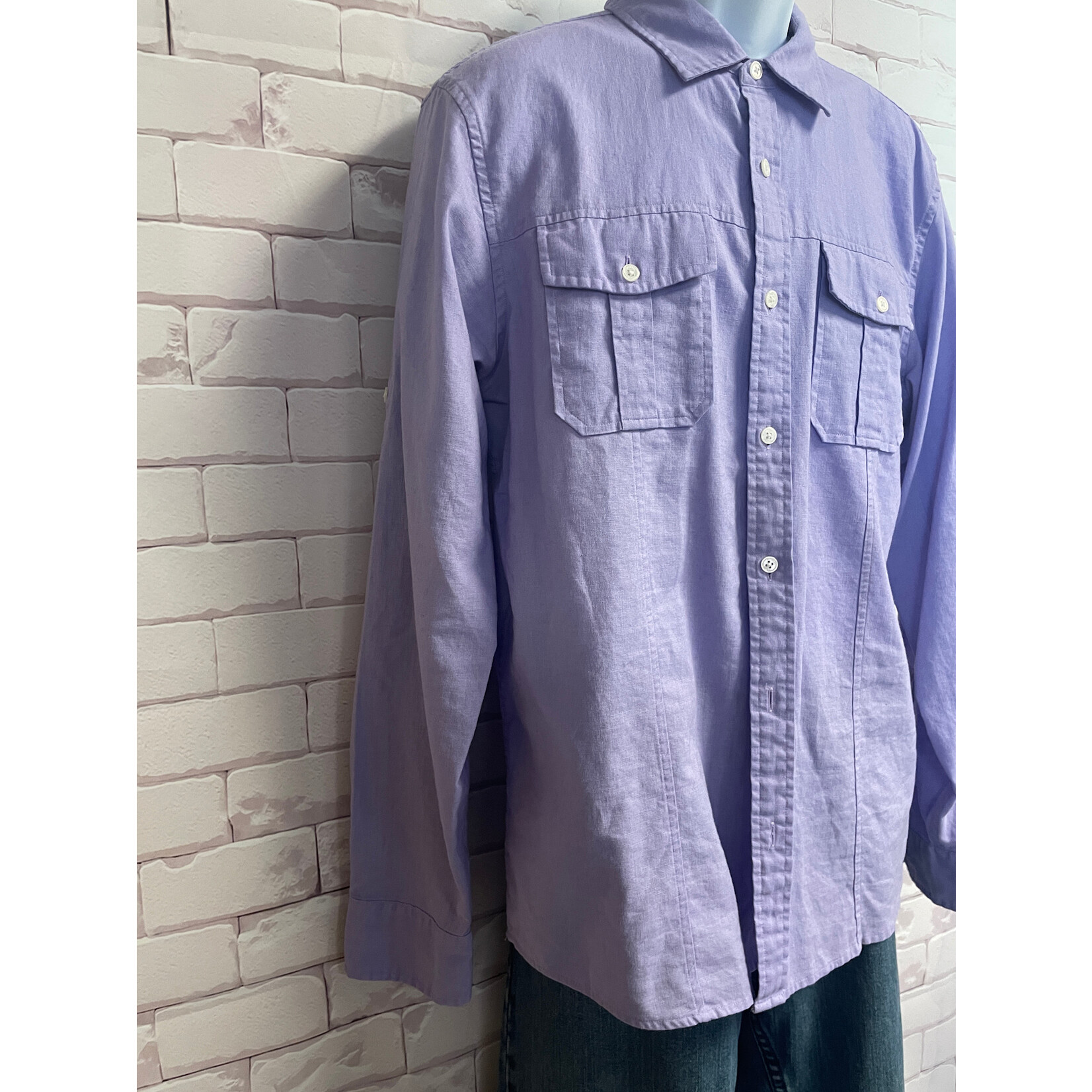 Michael Kors, Purple, Linen, Cotton, Long Sleeve, Button-Up, Men's, L