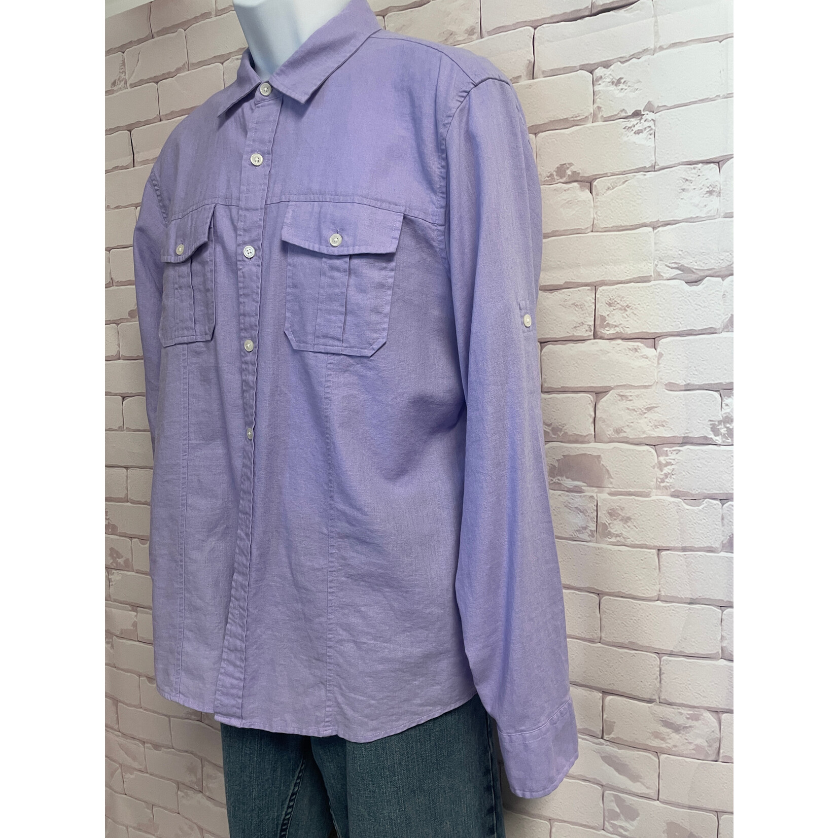 Michael Kors, Purple, Linen, Cotton, Long Sleeve, Button-Up, Men's, L