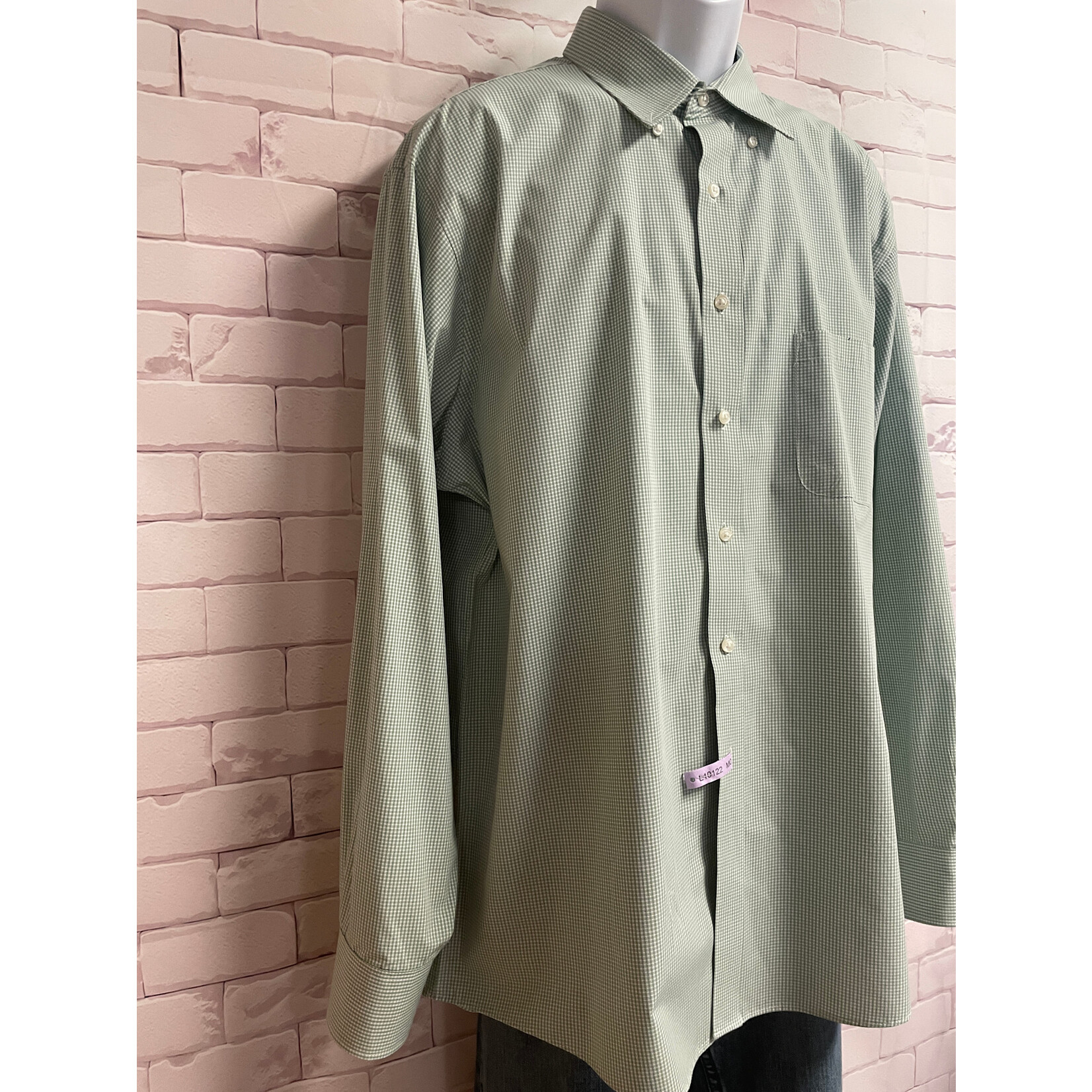 Van Heusen, Green, White, Long Sleeve, Button-Up, L