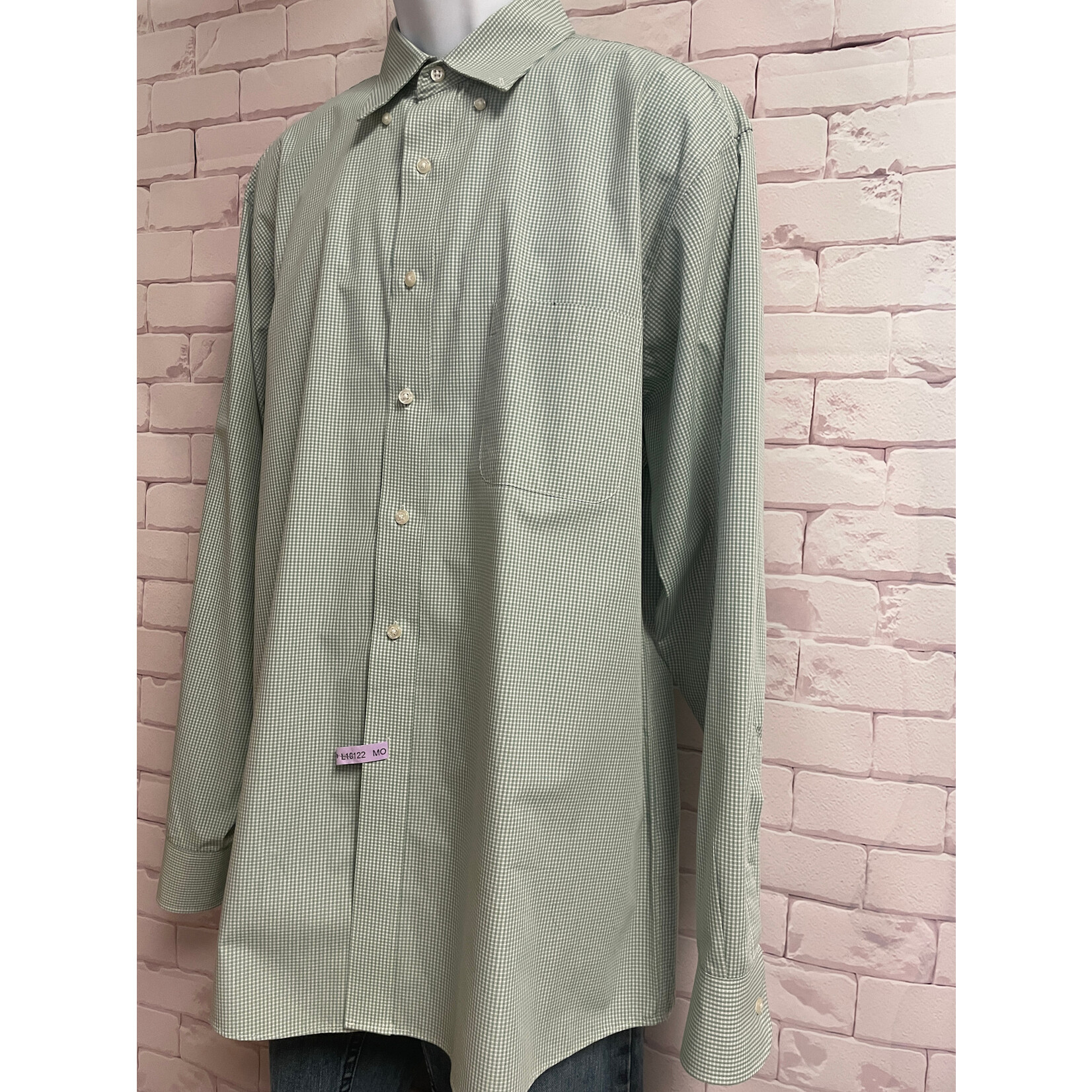 Van Heusen, Green, White, Long Sleeve, Button-Up, L