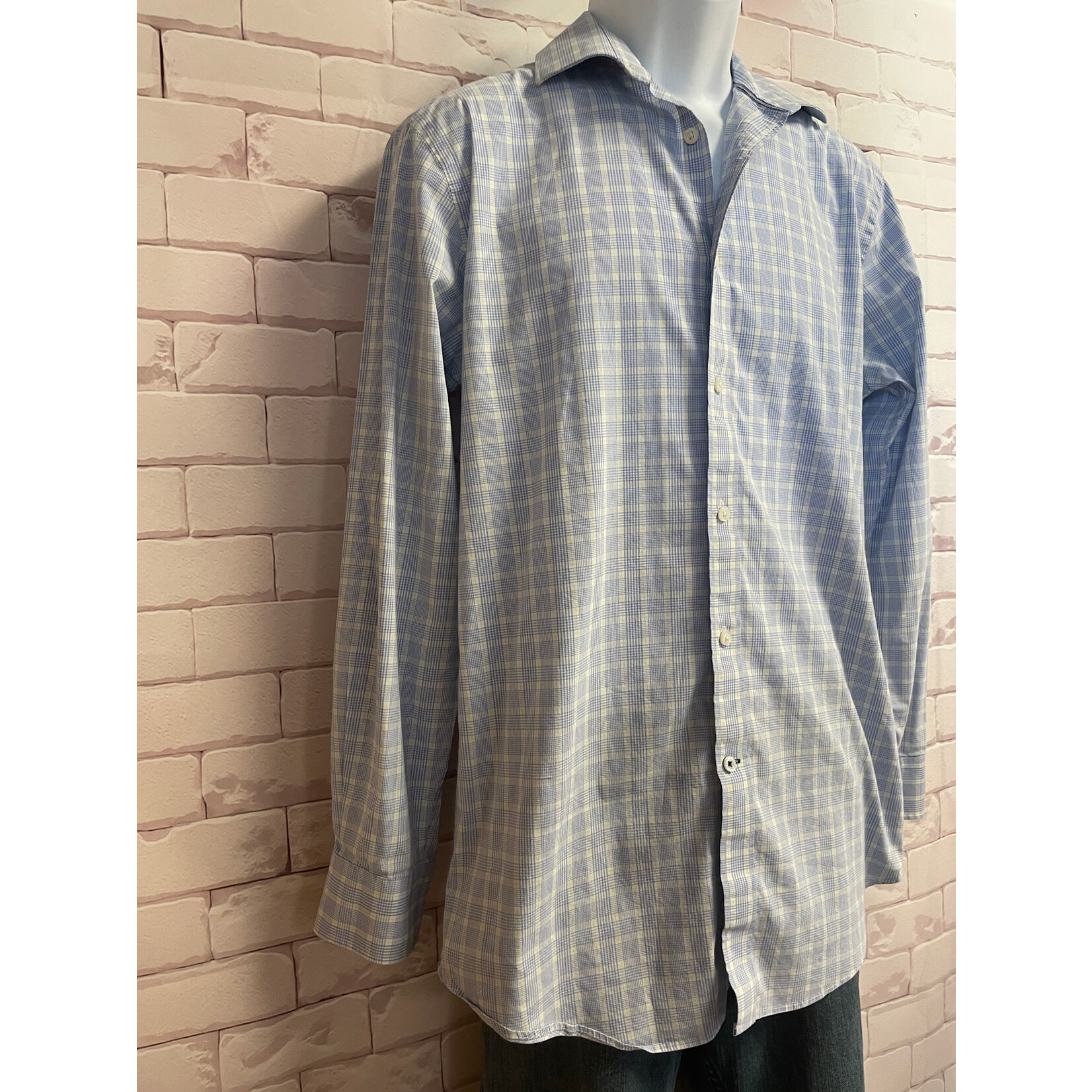 Crown & Ivy, Blue, White, Long Sleeve, Button Down, Men's, Medium