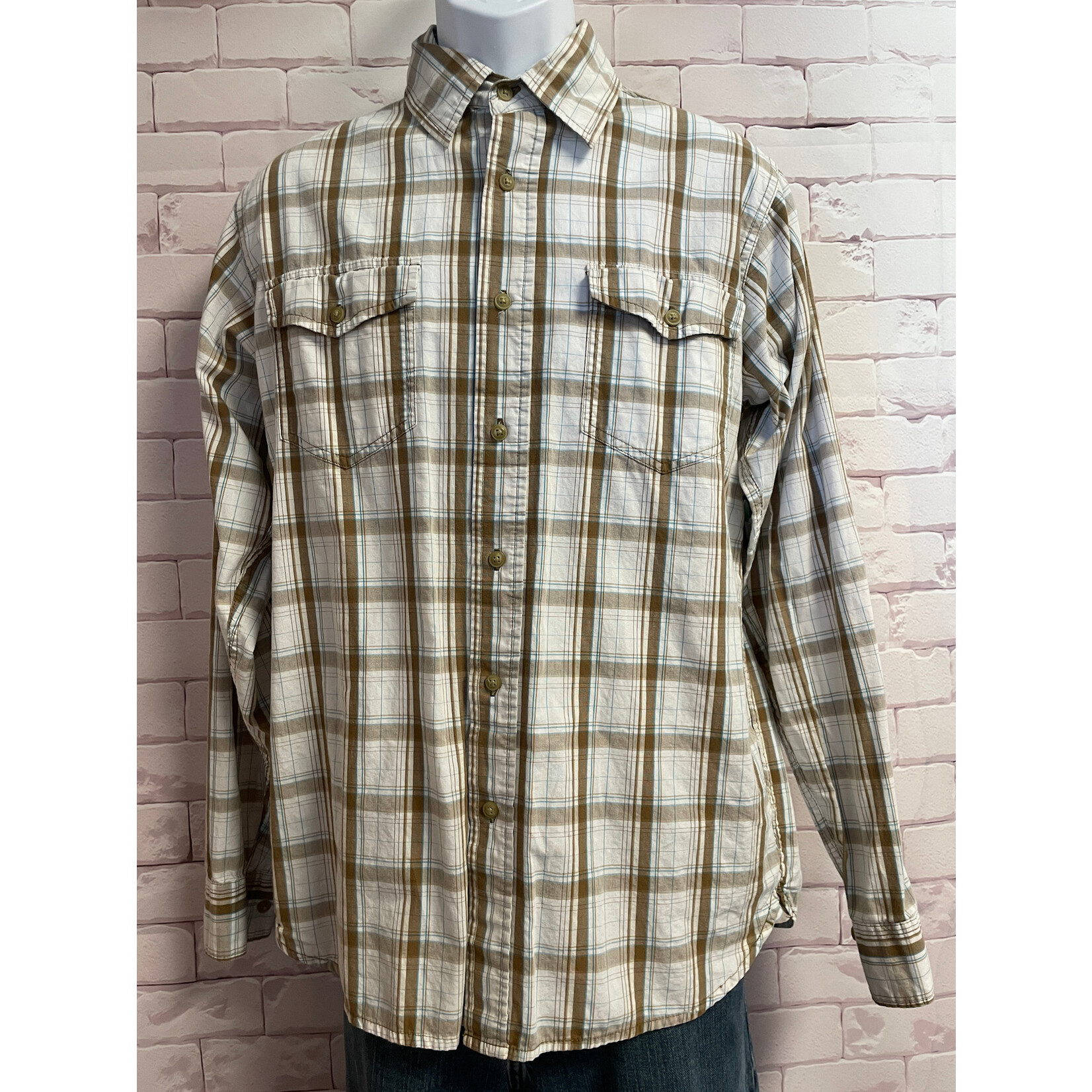 Lee, Cream, Brown, Long Sleeve, Button Down, Men's, Medium