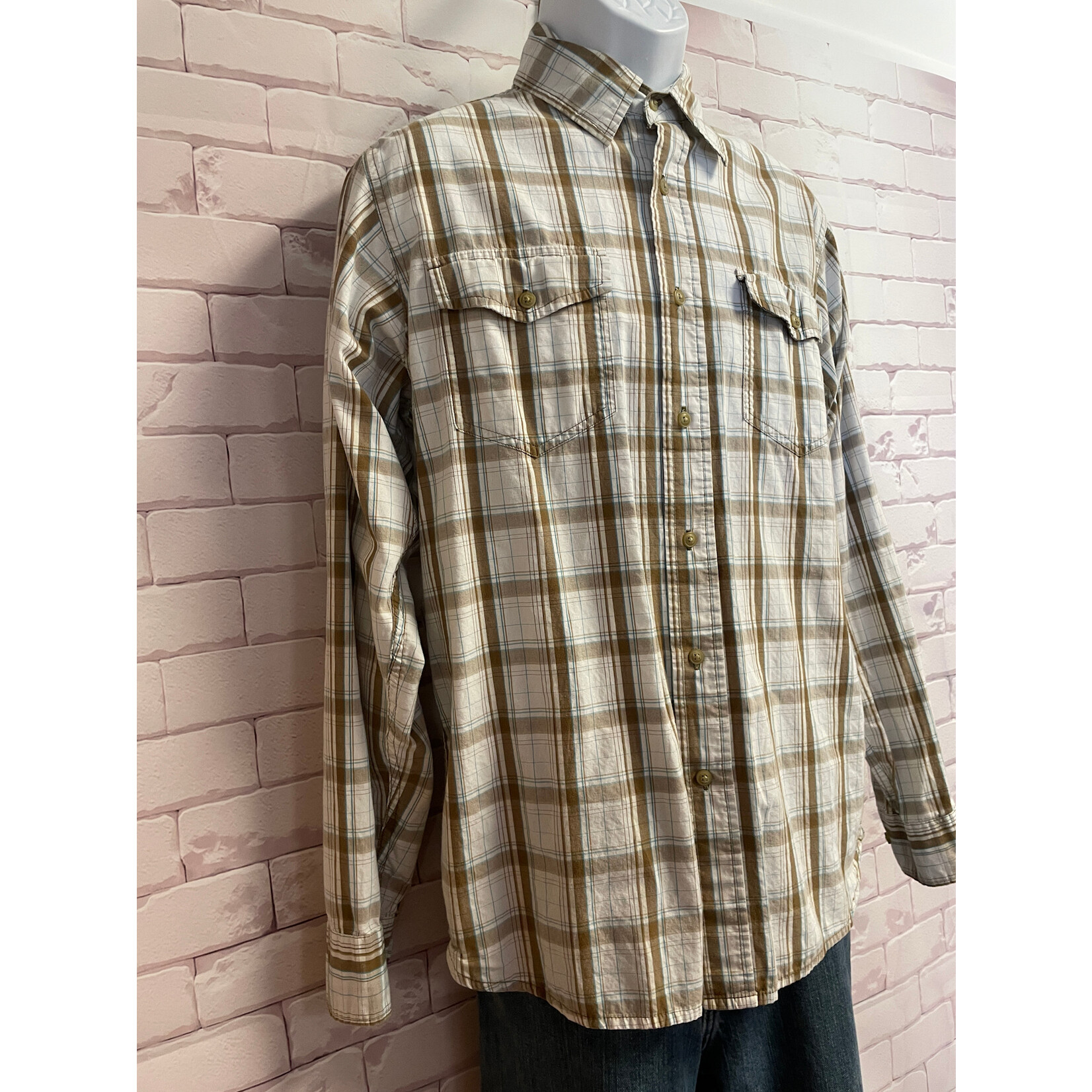 Lee, Cream, Brown, Long Sleeve, Button Down, Men's, Medium