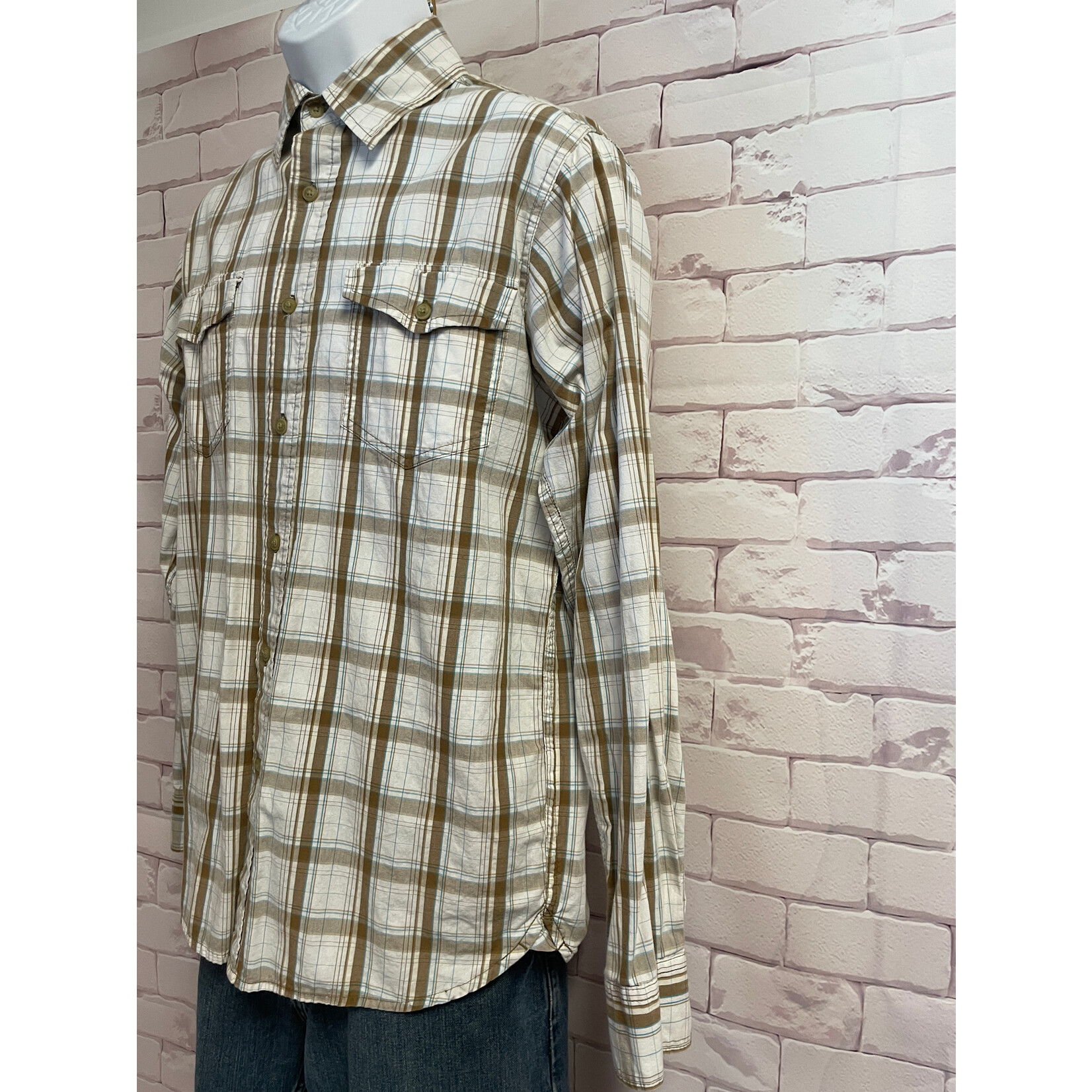 Lee, Cream, Brown, Long Sleeve, Button Down, Men's, Medium
