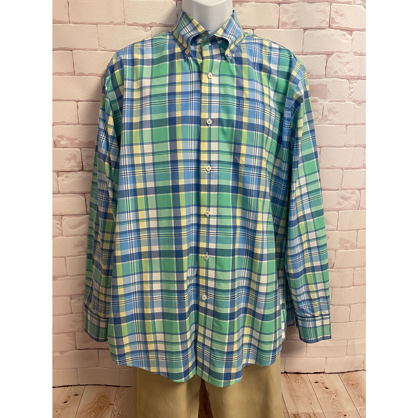 Southern Tide, Blue, Yellow, Green, Plaid, Sort Sleeve, Button Up, Men's, Large