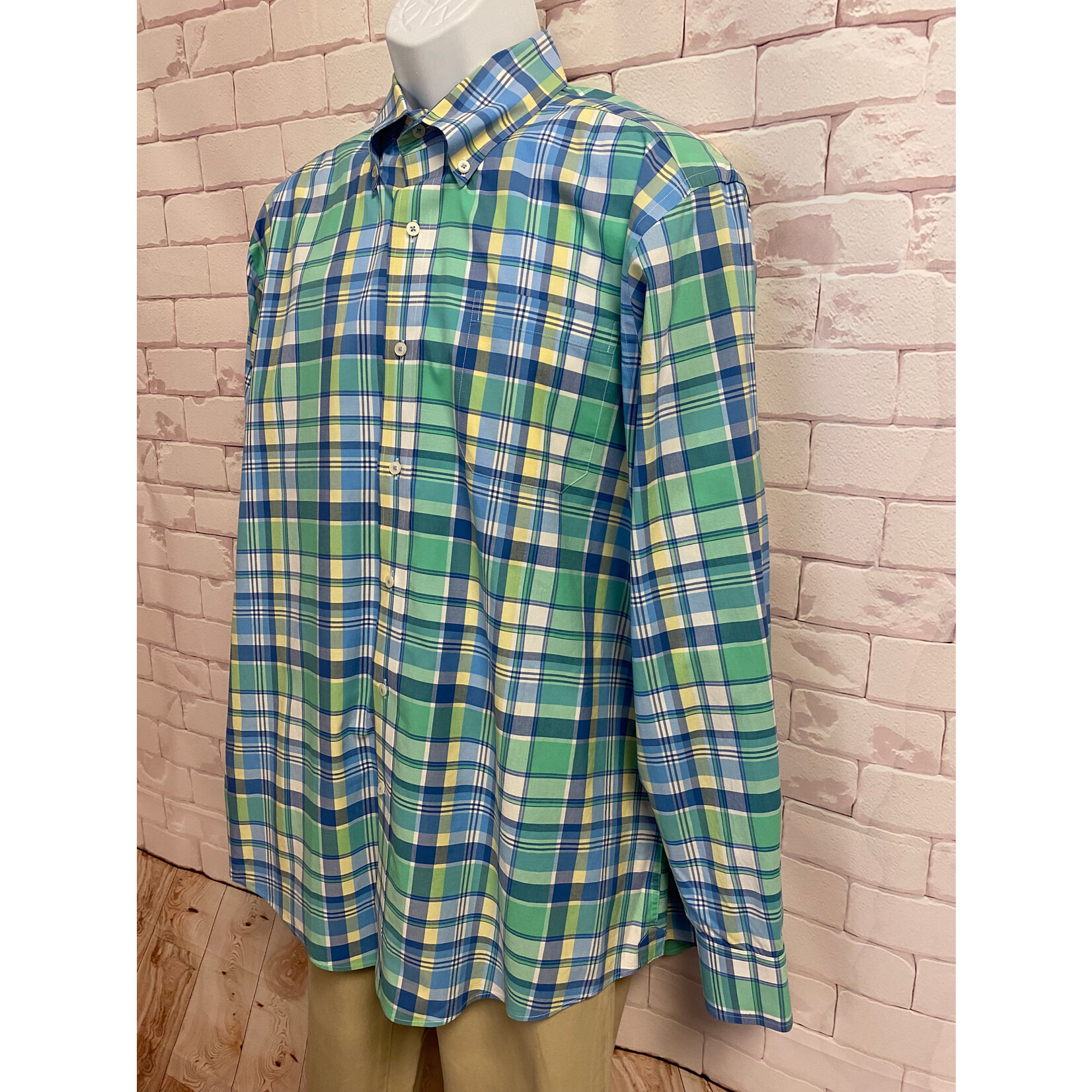 Southern Tide, Blue, Yellow, Green, Plaid, Sort Sleeve, Button Up, Men's, Large
