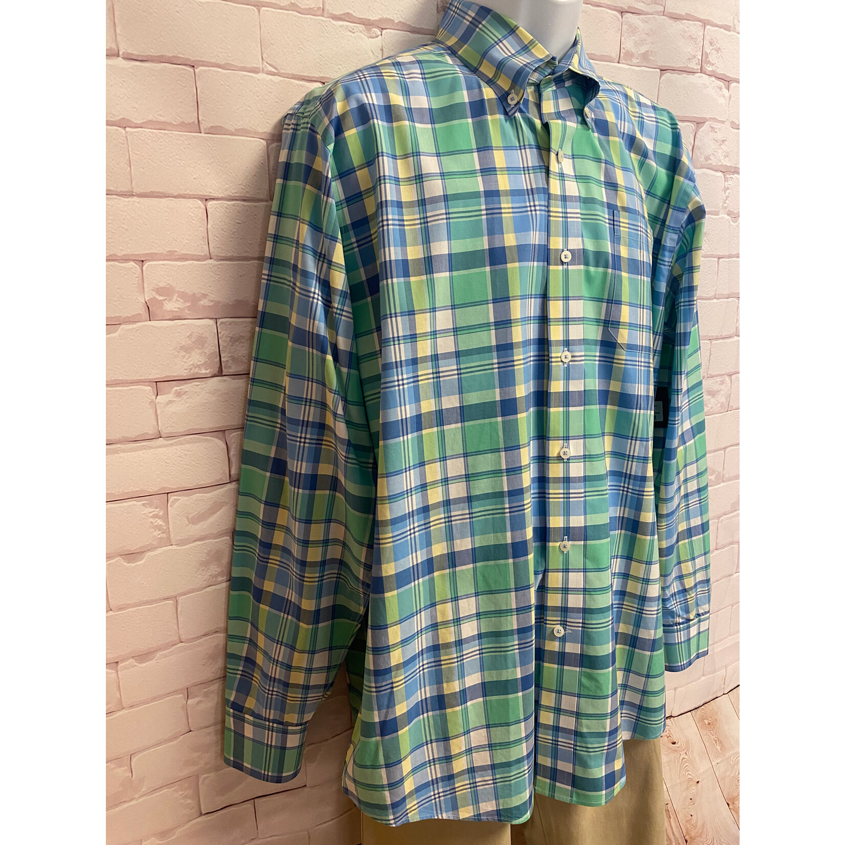 Southern Tide, Blue, Yellow, Green, Plaid, Sort Sleeve, Button Up, Men's, Large