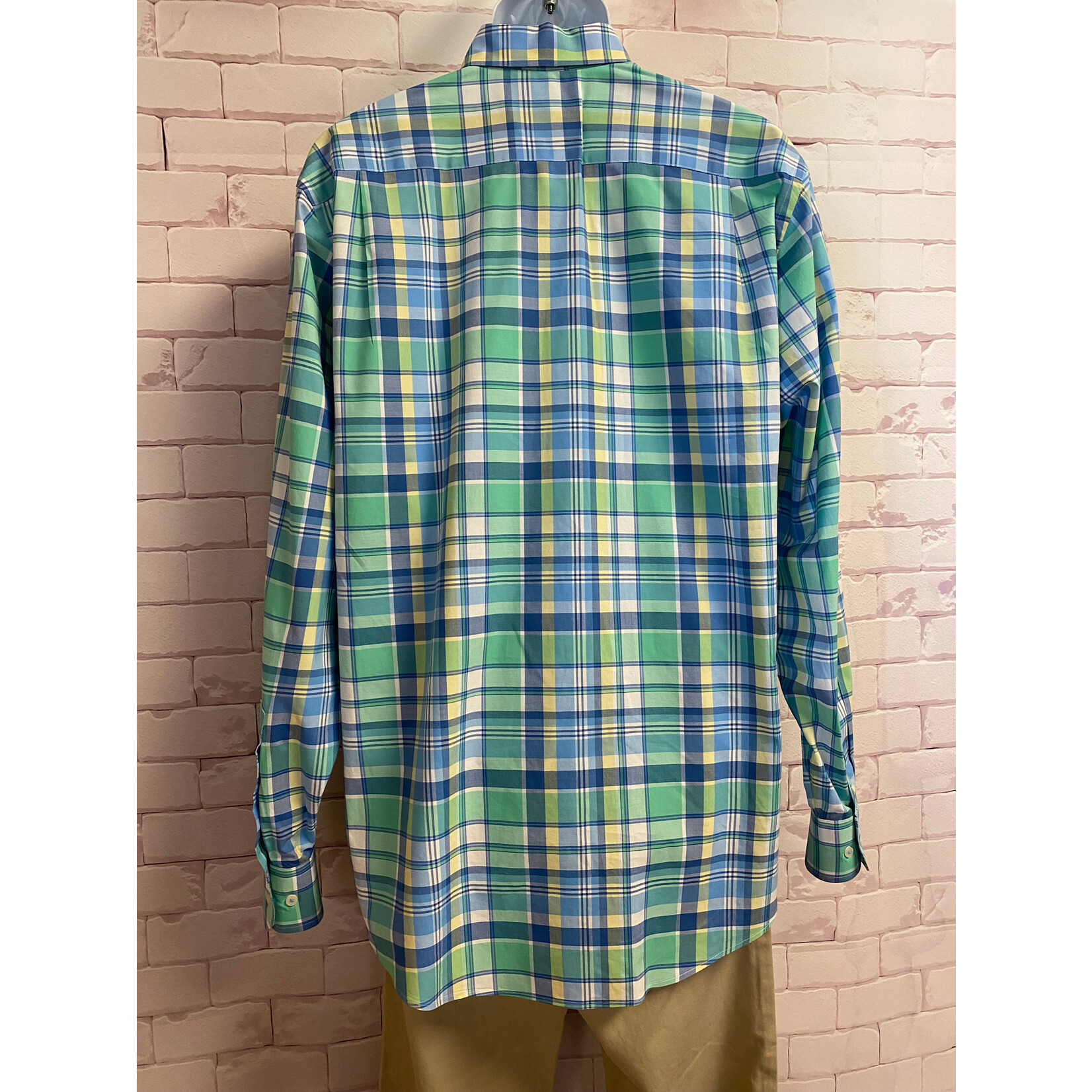 Southern Tide, Blue, Yellow, Green, Plaid, Sort Sleeve, Button Up, Men's, Large